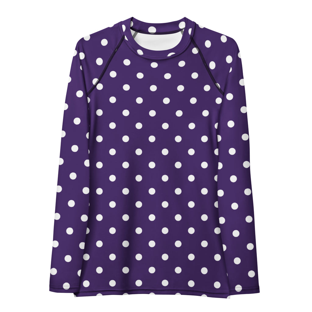 Women's Dark Purple Polka Dot Long Sleeve Rash Guard Swim Shirt – Buttery Soft, Sun Safe UPF 50+ Protection, Quick Dry & 4-Way Stretch Comfort