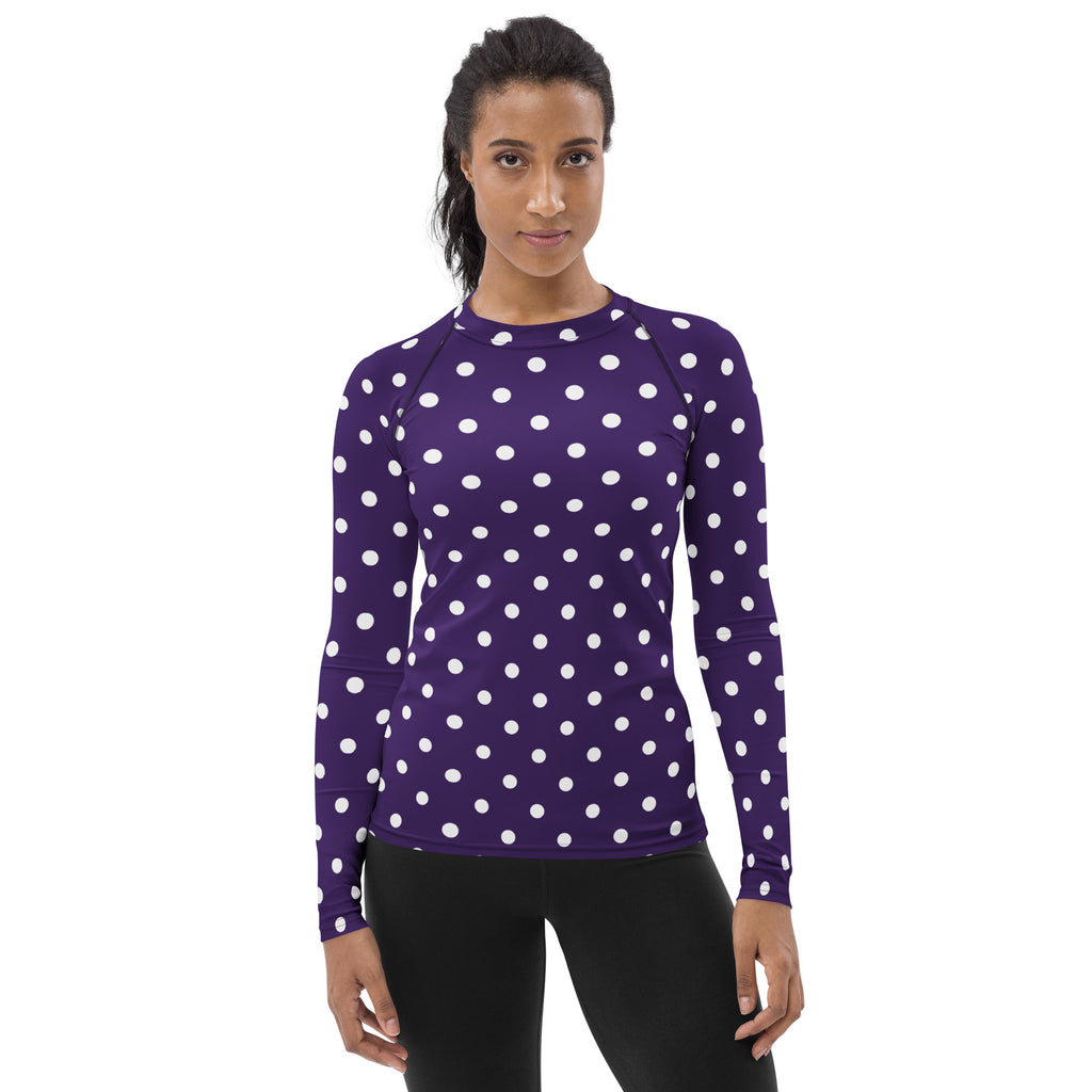 Women's Dark Purple Polka Dot Long Sleeve Rash Guard Swim Shirt – Buttery Soft, Sun Safe UPF 50+ Protection, Quick Dry & 4-Way Stretch Comfort
