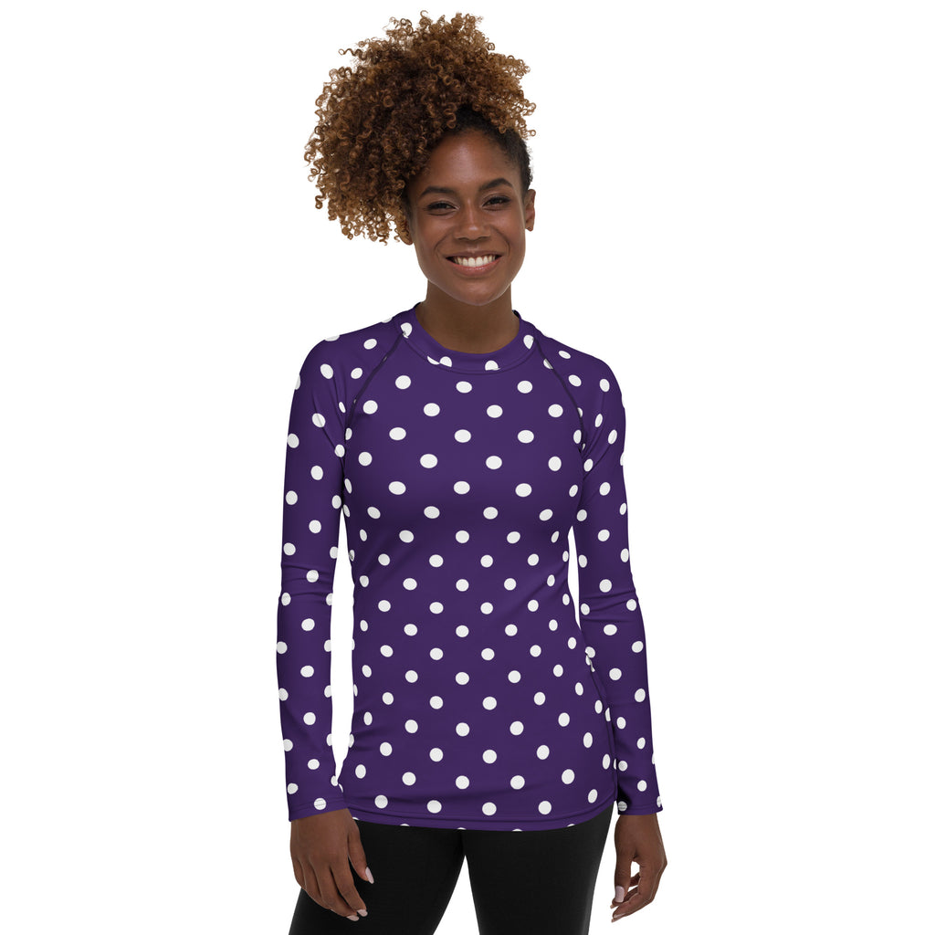 Women's Dark Purple Polka Dot Long Sleeve Rash Guard Swim Shirt – Buttery Soft, Sun Safe UPF 50+ Protection, Quick Dry & 4-Way Stretch Comfort