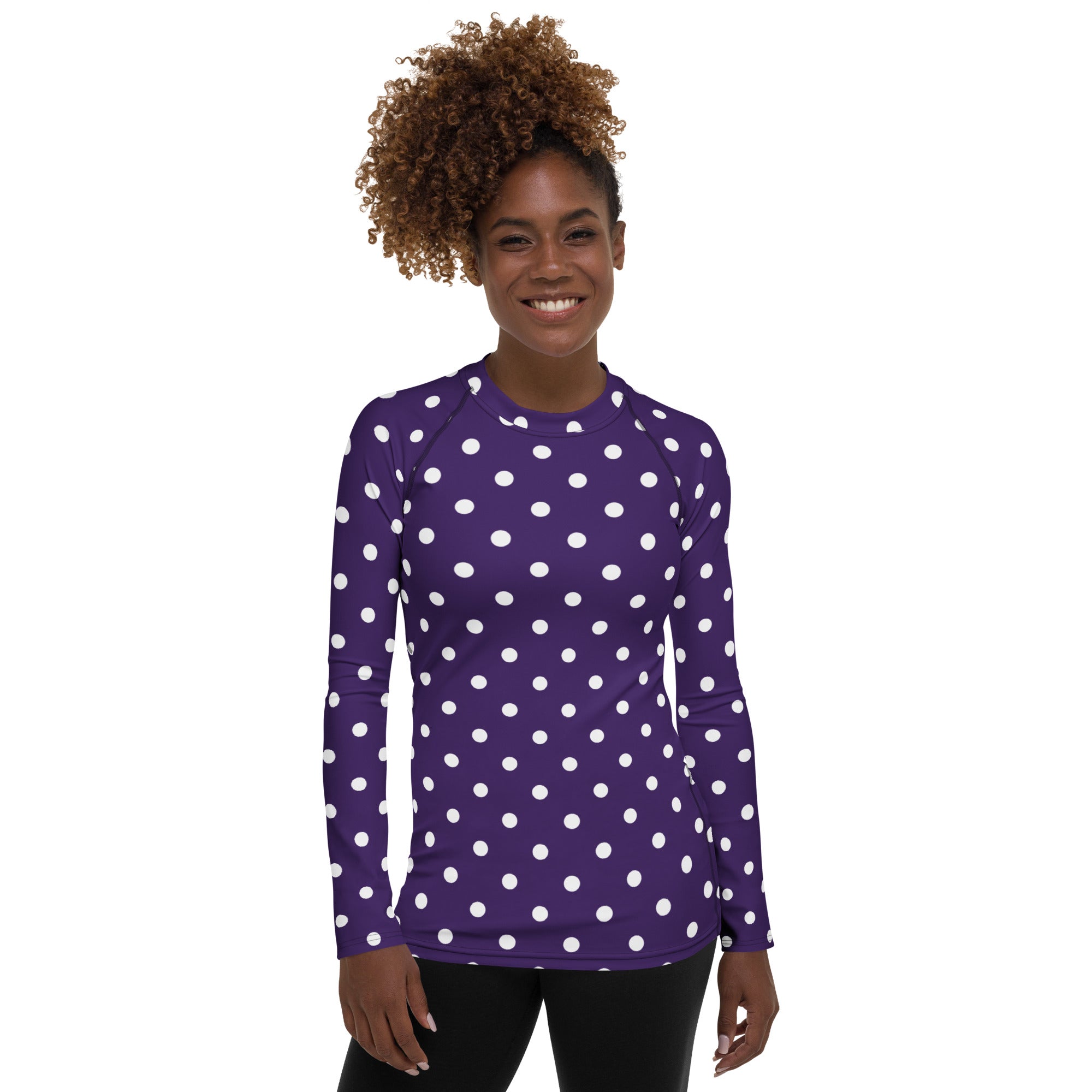 Women's Dark Purple Polka Dot Long Sleeve Rash Guard Swim Shirt – Buttery Soft, Sun Safe UPF 50+ Protection, Quick Dry & 4-Way Stretch Comfort