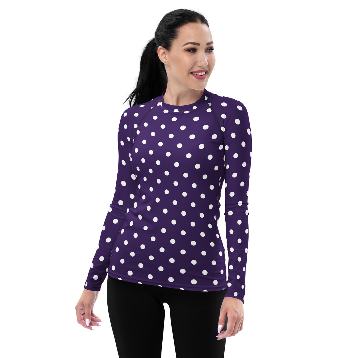 Women's Dark Purple Polka Dot Long Sleeve Rash Guard Swim Shirt – Buttery Soft, Sun Safe UPF 50+ Protection, Quick Dry & 4-Way Stretch Comfort