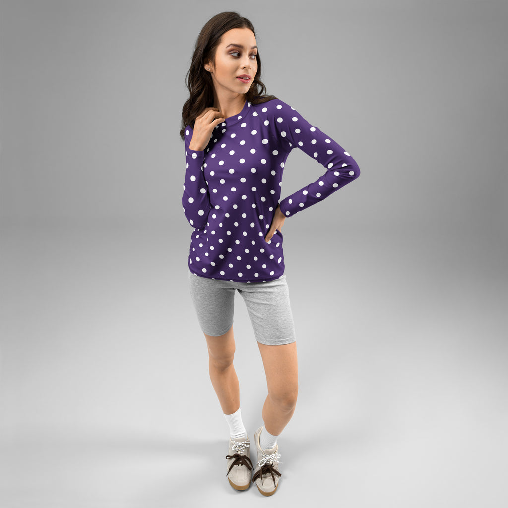 Women's Dark Purple Polka Dot Long Sleeve Rash Guard Swim Shirt – Buttery Soft, Sun Safe UPF 50+ Protection, Quick Dry & 4-Way Stretch Comfort