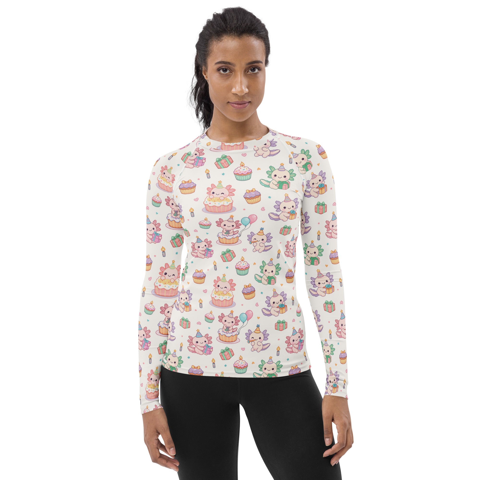 Women's Axolotl Birthday Long Sleeve Rash Guard Swim Shirt – Buttery Soft, Sun Safe UPF 50+ Protection, Quick Dry & 4-Way Stretch Comfort