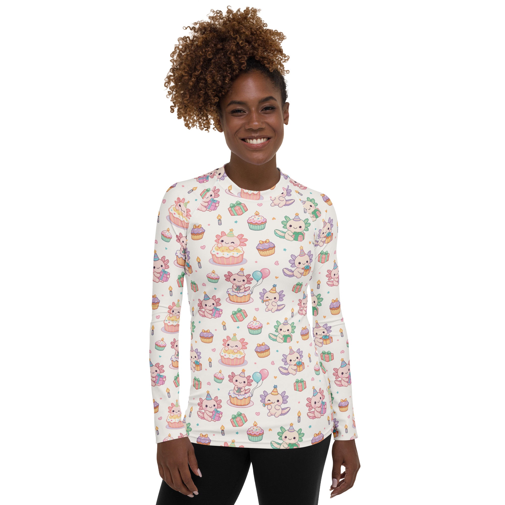 Women's Axolotl Birthday Long Sleeve Rash Guard Swim Shirt – Buttery Soft, Sun Safe UPF 50+ Protection, Quick Dry & 4-Way Stretch Comfort