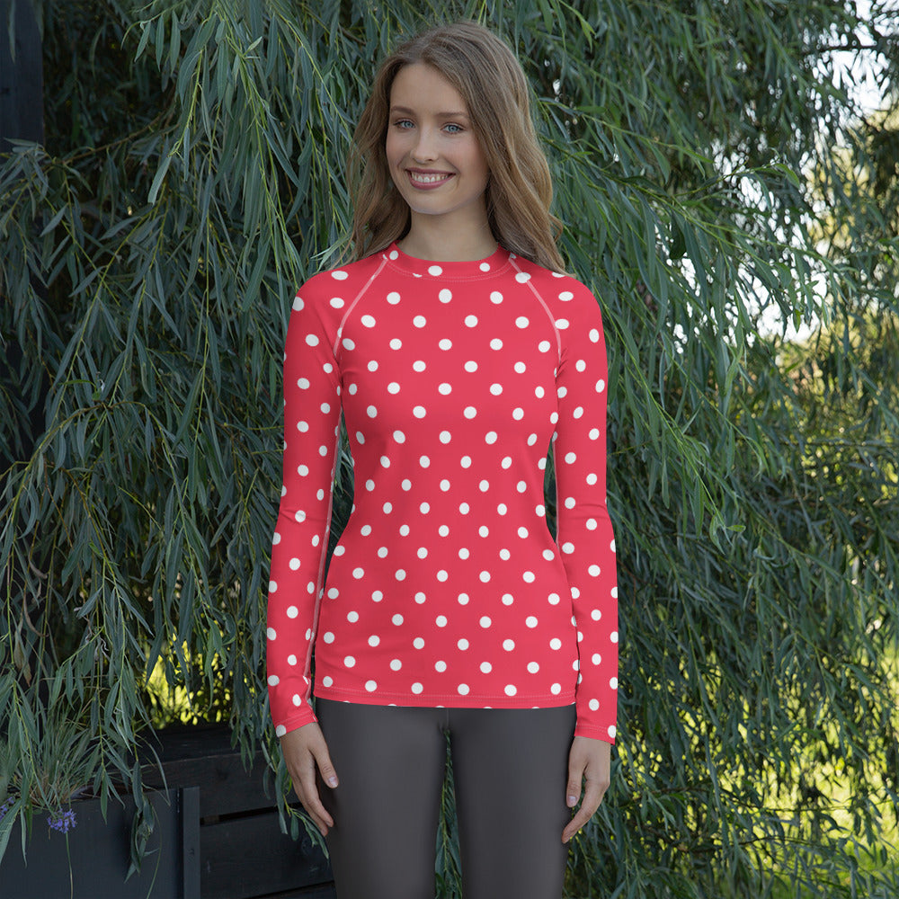 Women's Bright Pink Polka Dot Long Sleeve Rash Guard Swim Shirt – Buttery Soft, Sun Safe UPF 50+ Protection, Quick Dry & 4-Way Stretch Comfort