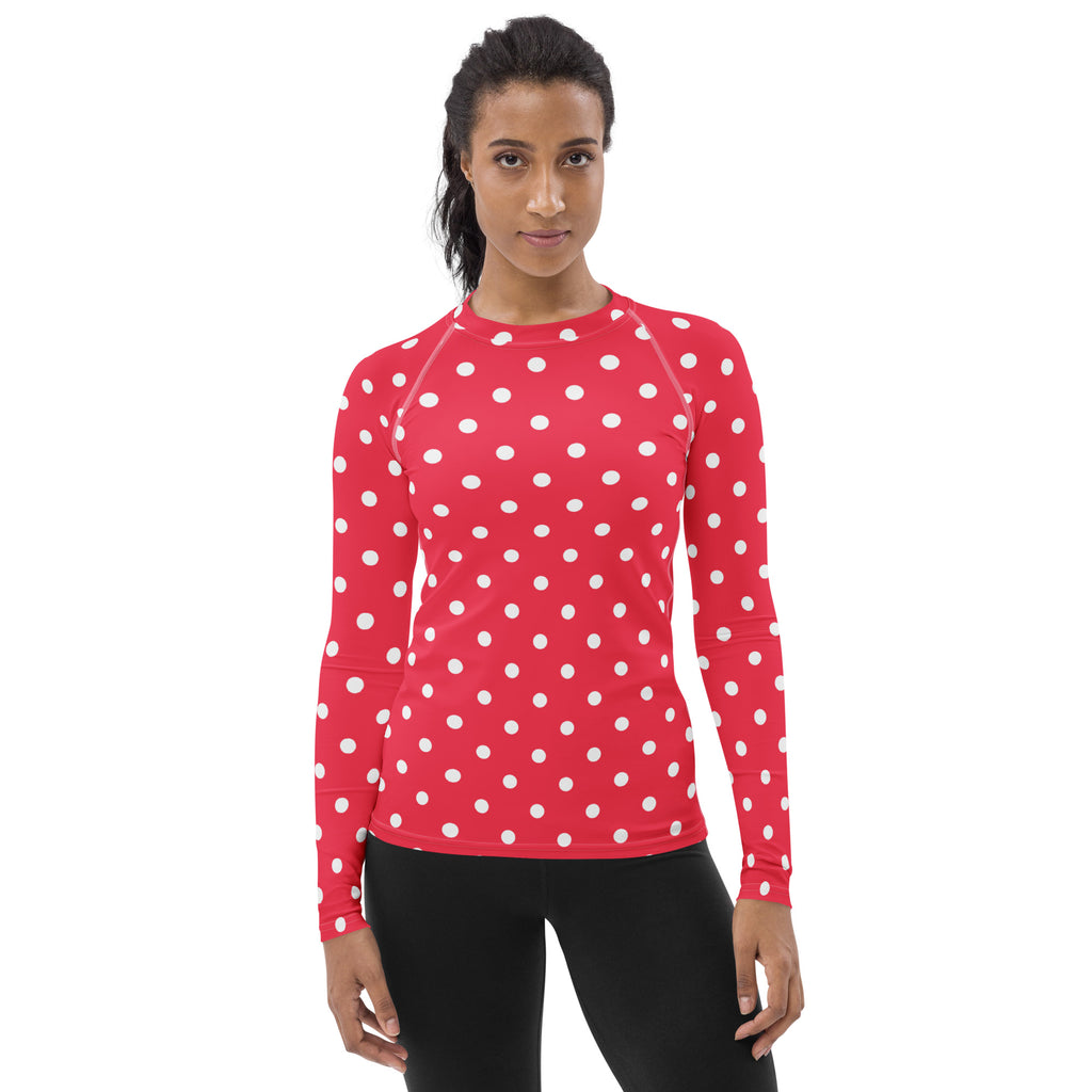 Women's Bright Pink Polka Dot Long Sleeve Rash Guard Swim Shirt – Buttery Soft, Sun Safe UPF 50+ Protection, Quick Dry & 4-Way Stretch Comfort