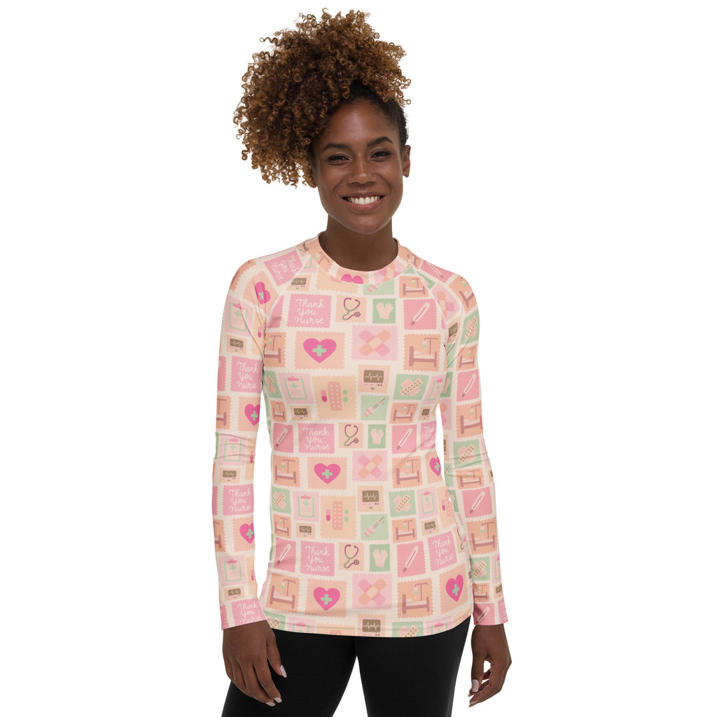 Women's Pink Nurse Icon Long Sleeve Rash Guard Swim Shirt – Buttery Soft, Sun Safe UPF 50+ Protection, Quick Dry & 4-Way Stretch Comfort