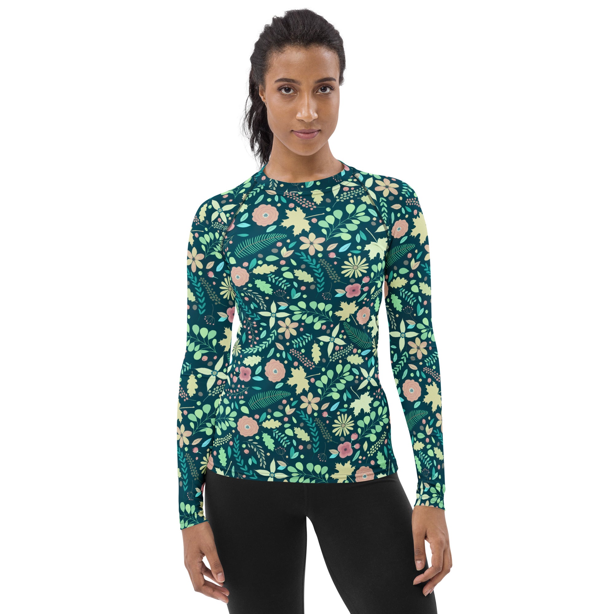 Women's Dark Green Floral Long Sleeve Rash Guard Swim Shirt – Buttery Soft, Sun Safe UPF 50+ Protection, Quick Dry & 4-Way Stretch Comfort