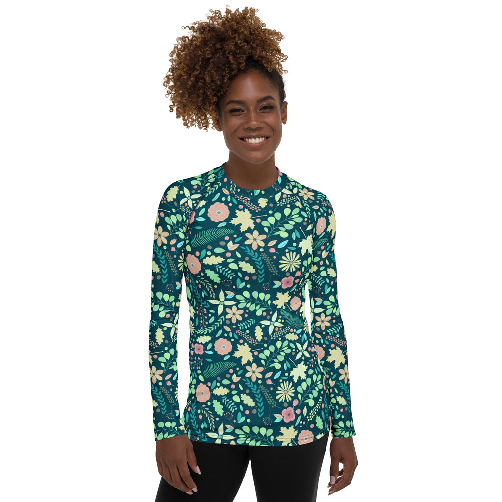Women's Dark Green Floral Long Sleeve Rash Guard Swim Shirt – Buttery Soft, Sun Safe UPF 50+ Protection, Quick Dry & 4-Way Stretch Comfort