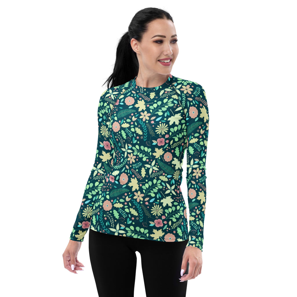 Women's Dark Green Floral Long Sleeve Rash Guard Swim Shirt – Buttery Soft, Sun Safe UPF 50+ Protection, Quick Dry & 4-Way Stretch Comfort