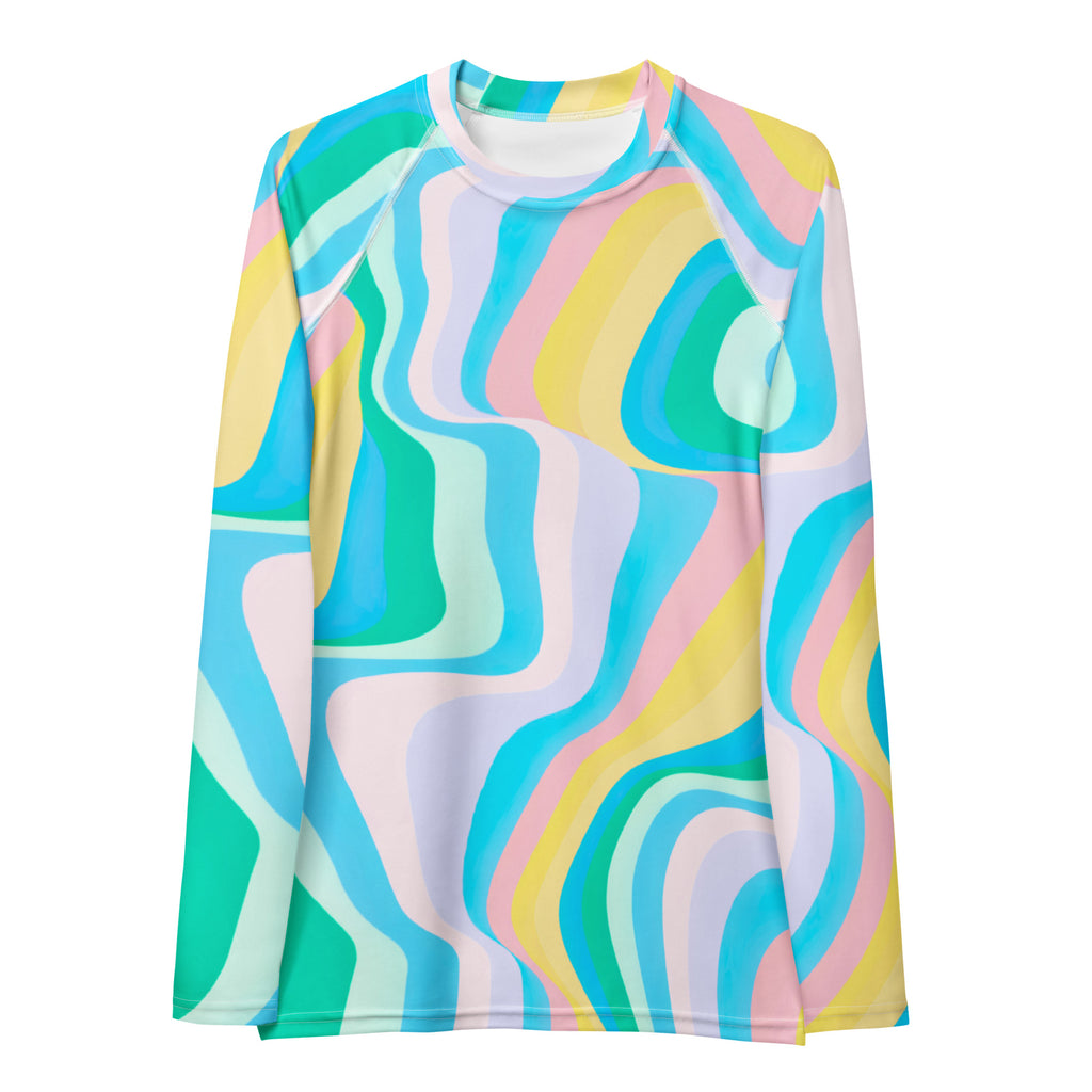 Women's Abstract Green Wavy Stripes Long Sleeve Rash Guard Swim Shirt – Buttery Soft, Sun Safe UPF 50+ Protection, Quick Dry & 4-Way Stretch Comfort