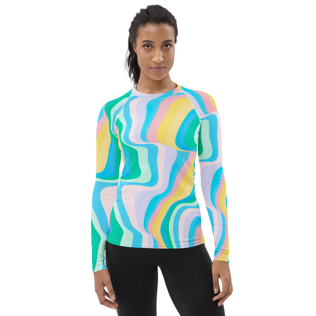Women's Abstract Green Wavy Stripes Long Sleeve Rash Guard Swim Shirt – Buttery Soft, Sun Safe UPF 50+ Protection, Quick Dry & 4-Way Stretch Comfort
