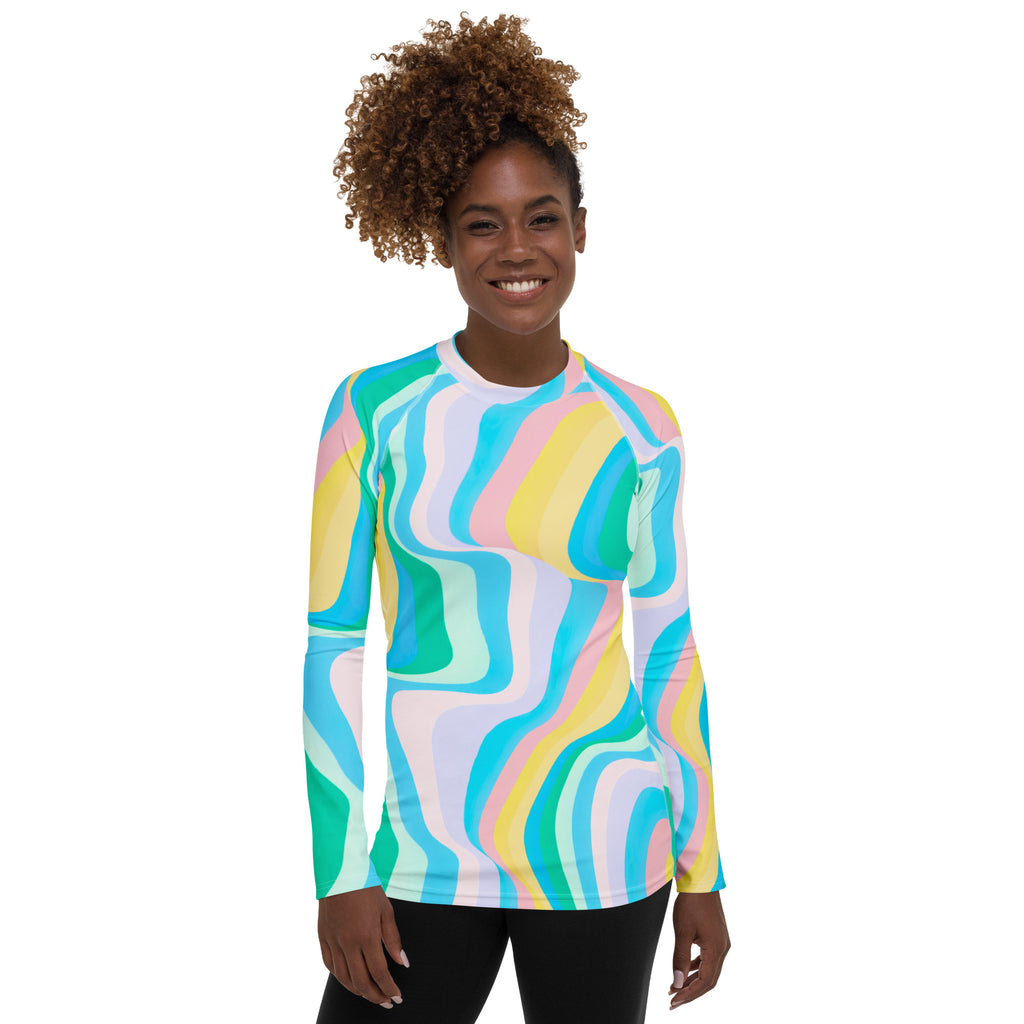 Women's Abstract Green Wavy Stripes Long Sleeve Rash Guard Swim Shirt – Buttery Soft, Sun Safe UPF 50+ Protection, Quick Dry & 4-Way Stretch Comfort