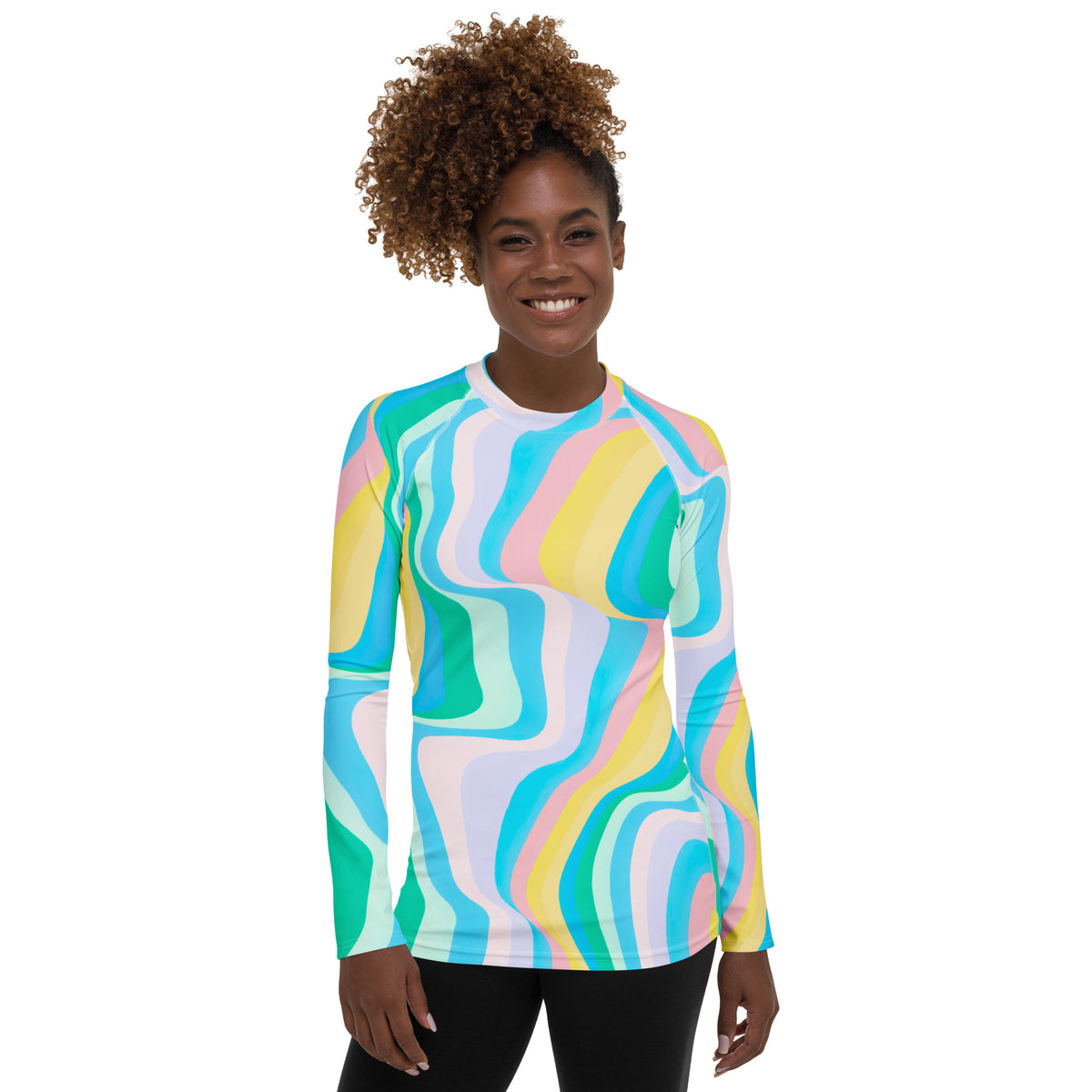 Women's Abstract Green Wavy Stripes Long Sleeve Rash Guard Swim Shirt – Buttery Soft, Sun Safe UPF 50+ Protection, Quick Dry & 4-Way Stretch Comfort