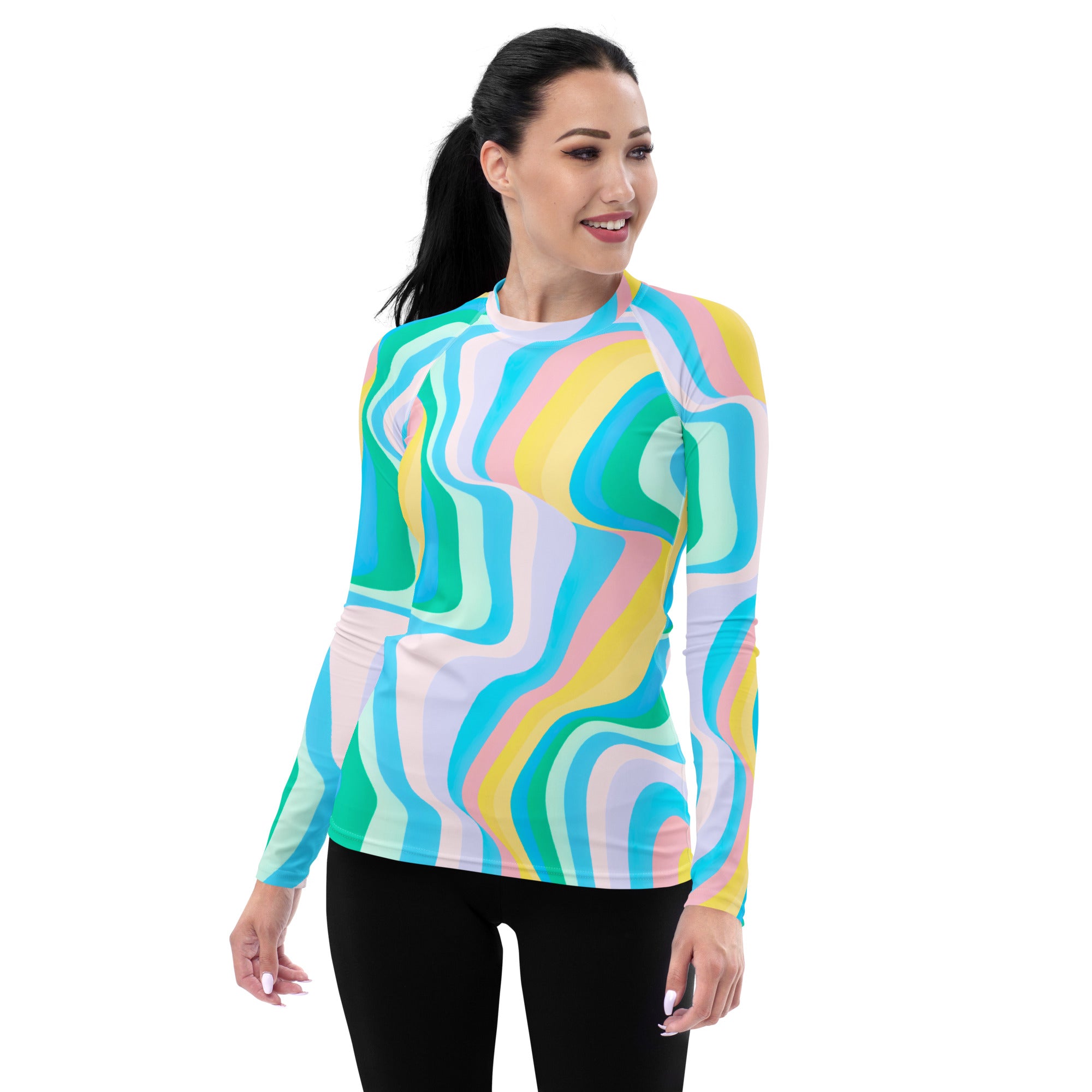 Women's Abstract Green Wavy Stripes Long Sleeve Rash Guard Swim Shirt – Buttery Soft, Sun Safe UPF 50+ Protection, Quick Dry & 4-Way Stretch Comfort