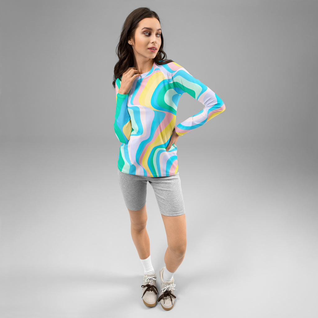 Women's Abstract Green Wavy Stripes Long Sleeve Rash Guard Swim Shirt – Buttery Soft, Sun Safe UPF 50+ Protection, Quick Dry & 4-Way Stretch Comfort