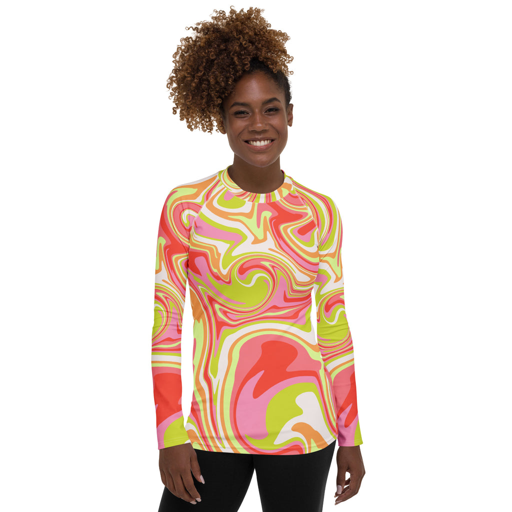 Women's Retro Swirl Long Sleeve Rash Guard Swim Shirt – Buttery Soft, Sun Safe UPF 50+ Protection, Quick Dry & 4-Way Stretch Comfort