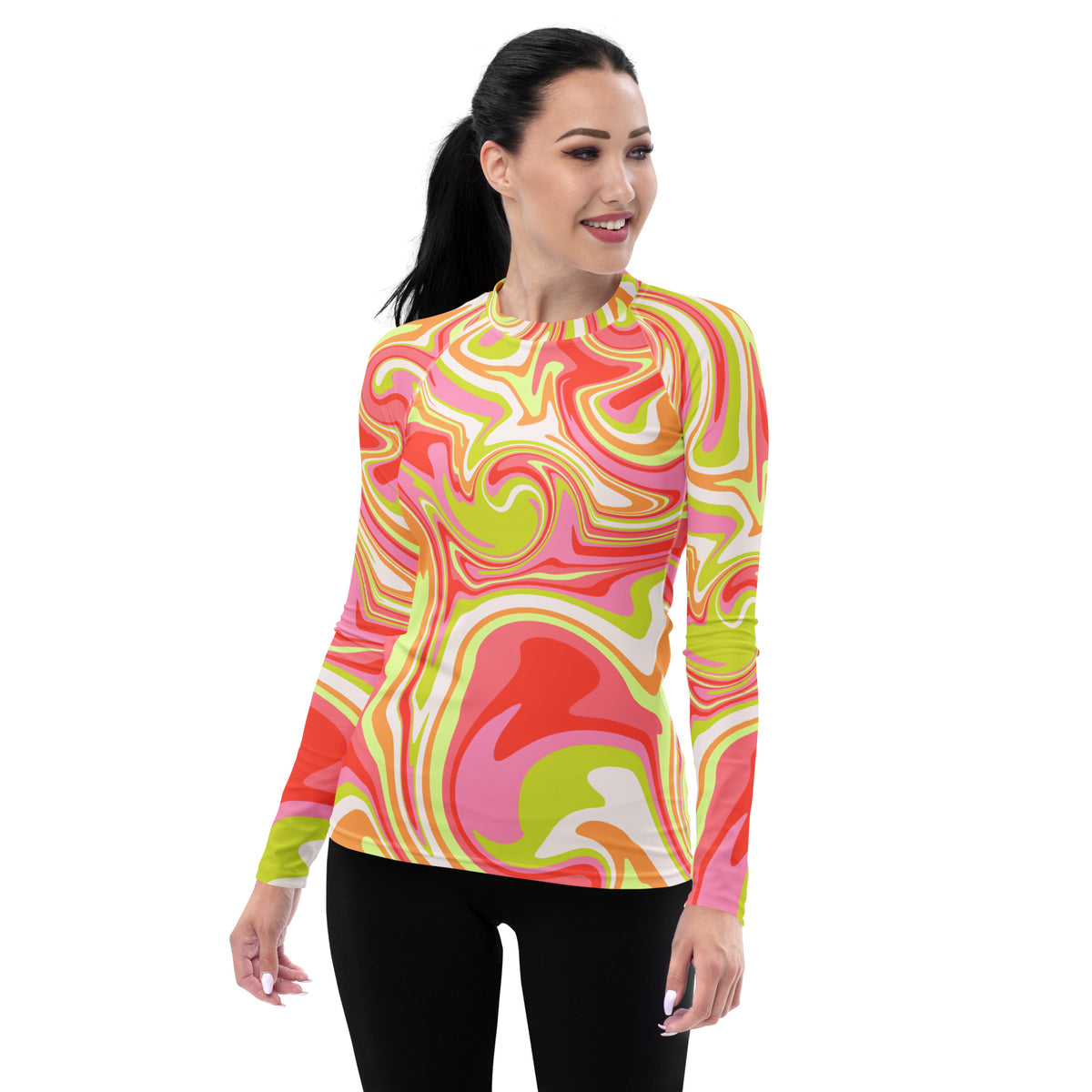 Women's Retro Swirl Long Sleeve Rash Guard Swim Shirt – Buttery Soft, Sun Safe UPF 50+ Protection, Quick Dry & 4-Way Stretch Comfort