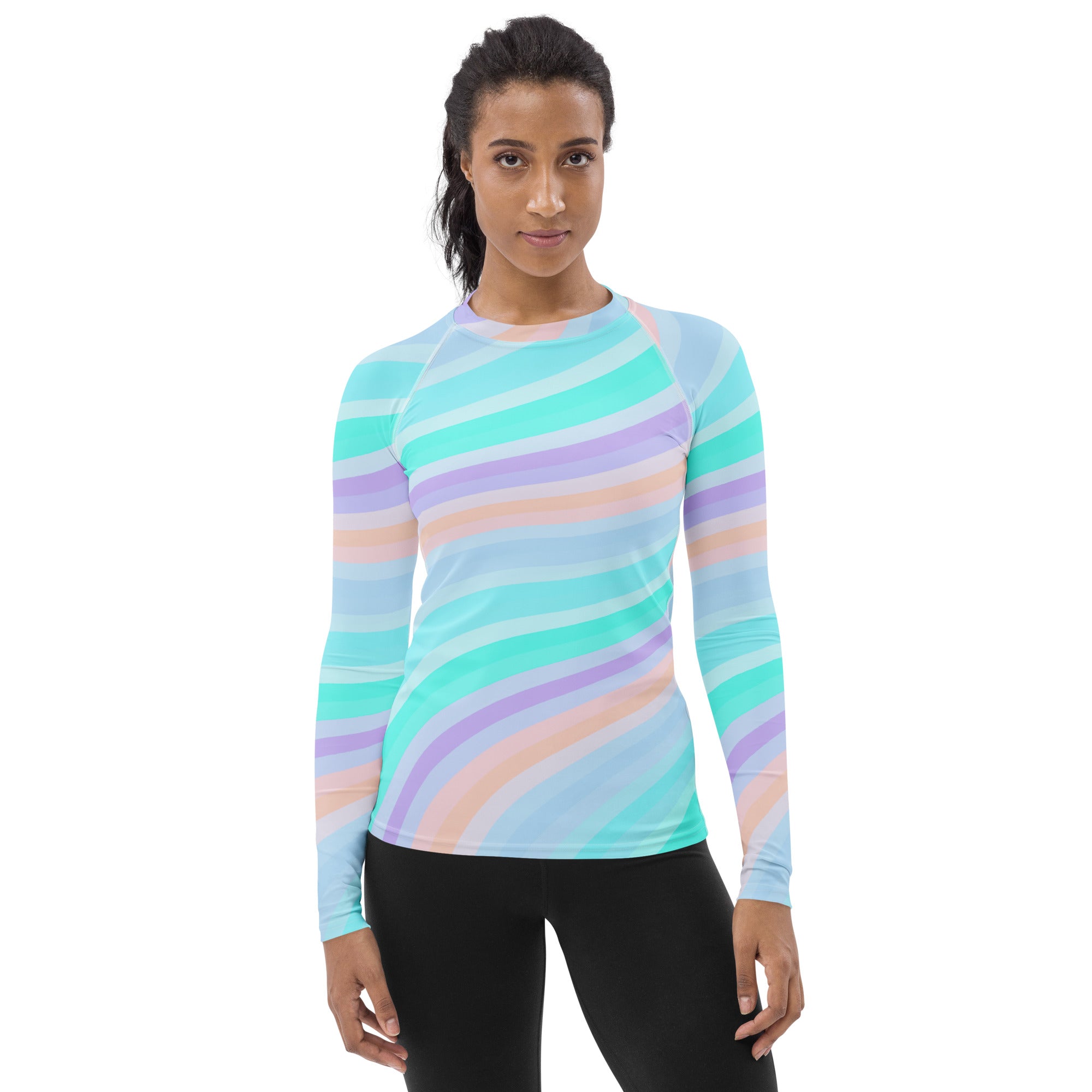 Women's Pastel Ocean Wave Long Sleeve Rash Guard Swim Shirt – Buttery Soft, Sun Safe UPF 50+ Protection, Quick Dry & 4-Way Stretch Comfort
