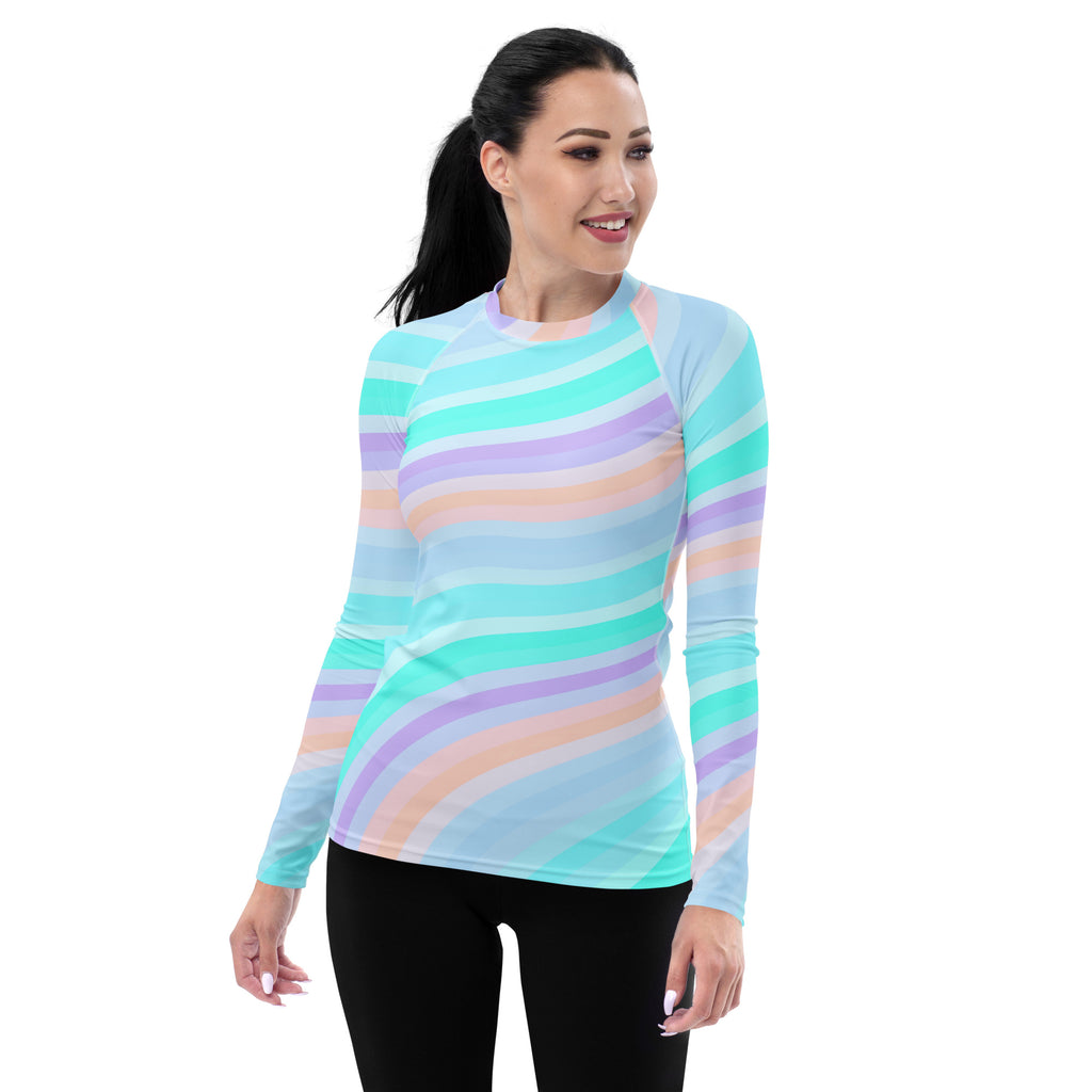 Women's Pastel Ocean Wave Long Sleeve Rash Guard Swim Shirt – Buttery Soft, Sun Safe UPF 50+ Protection, Quick Dry & 4-Way Stretch Comfort