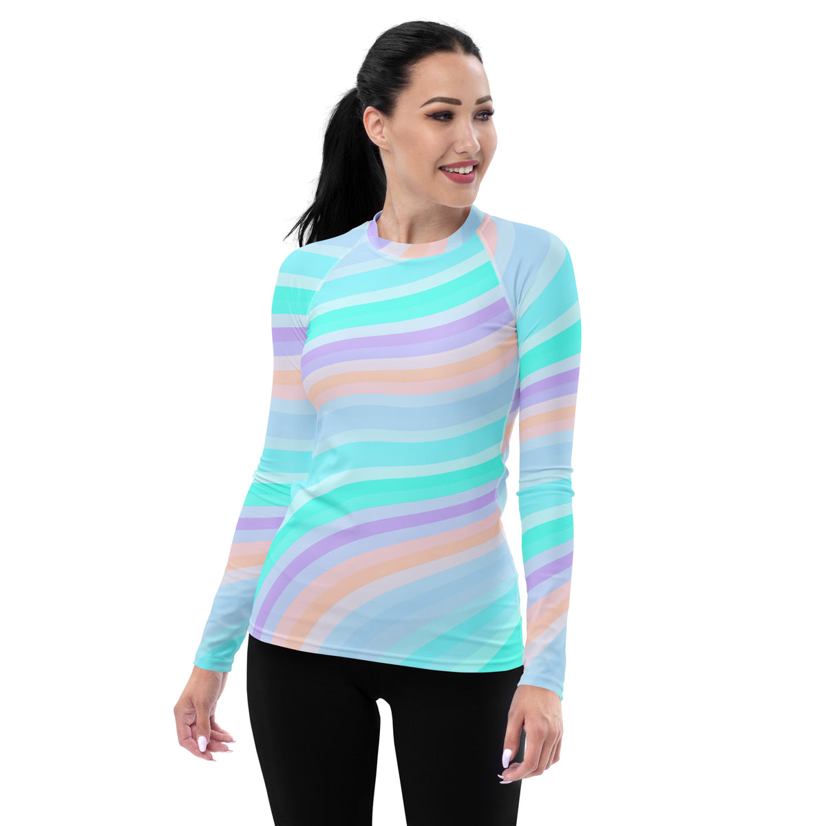 Women's Pastel Ocean Wave Long Sleeve Rash Guard Swim Shirt – Buttery Soft, Sun Safe UPF 50+ Protection, Quick Dry & 4-Way Stretch Comfort