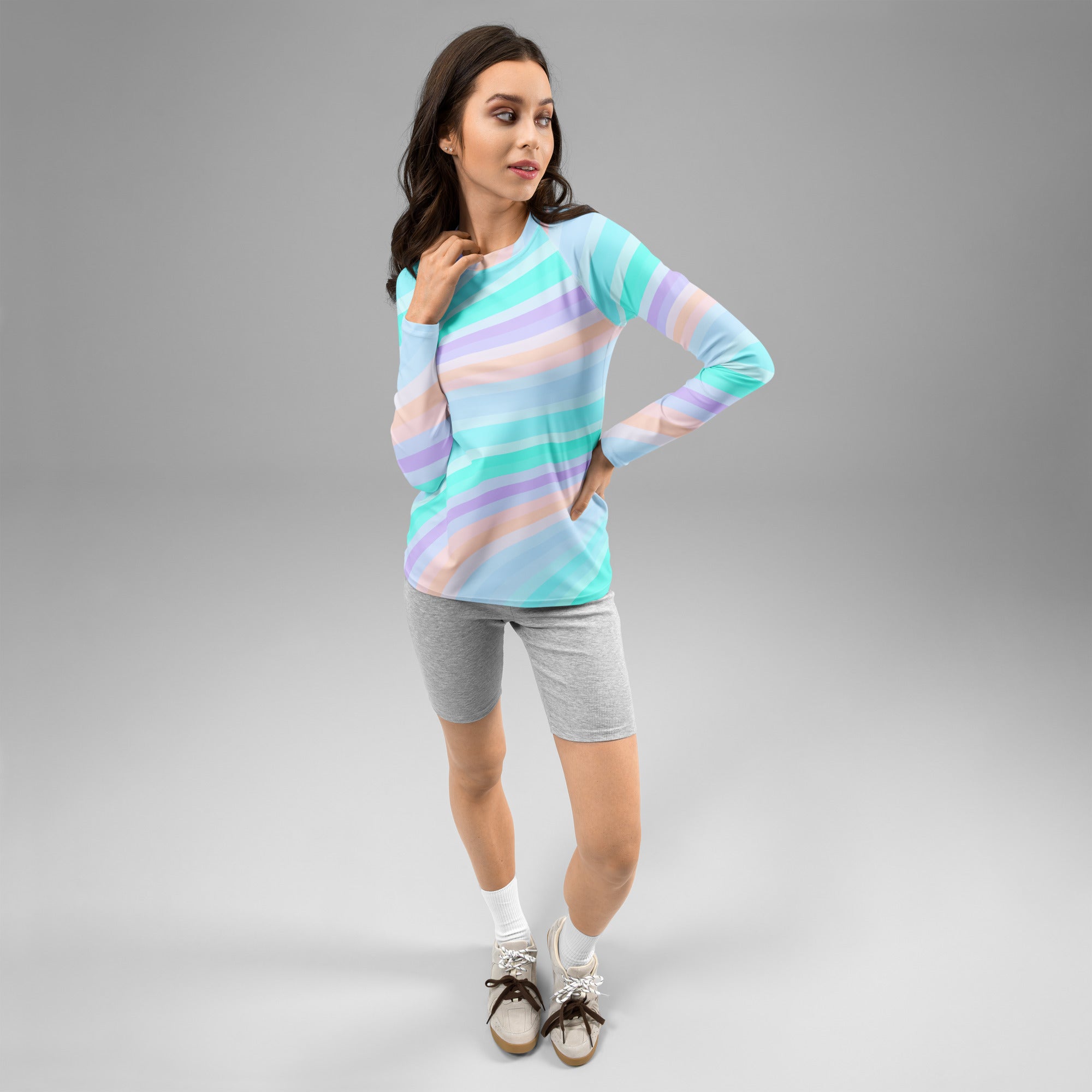 Women's Pastel Ocean Wave Long Sleeve Rash Guard Swim Shirt – Buttery Soft, Sun Safe UPF 50+ Protection, Quick Dry & 4-Way Stretch Comfort