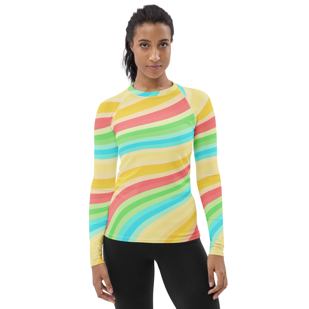 Women's Summer Rainbow Wave Long Sleeve Rash Guard Swim Shirt – Buttery Soft, Sun Safe UPF 50+ Protection, Quick Dry & 4-Way Stretch Comfort