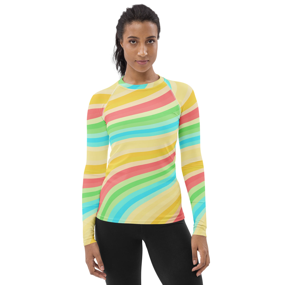 Women's Summer Rainbow Wave Long Sleeve Rash Guard Swim Shirt – Buttery Soft, Sun Safe UPF 50+ Protection, Quick Dry & 4-Way Stretch Comfort