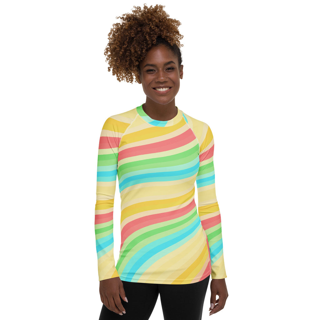 Women's Summer Rainbow Wave Long Sleeve Rash Guard Swim Shirt – Buttery Soft, Sun Safe UPF 50+ Protection, Quick Dry & 4-Way Stretch Comfort