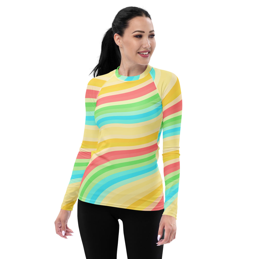 Women's Summer Rainbow Wave Long Sleeve Rash Guard Swim Shirt – Buttery Soft, Sun Safe UPF 50+ Protection, Quick Dry & 4-Way Stretch Comfort