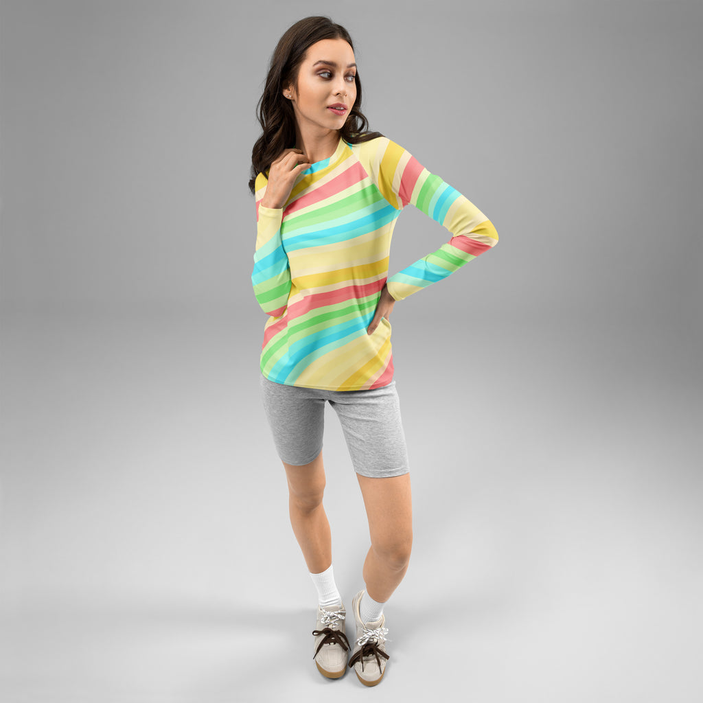 Women's Summer Rainbow Wave Long Sleeve Rash Guard Swim Shirt – Buttery Soft, Sun Safe UPF 50+ Protection, Quick Dry & 4-Way Stretch Comfort