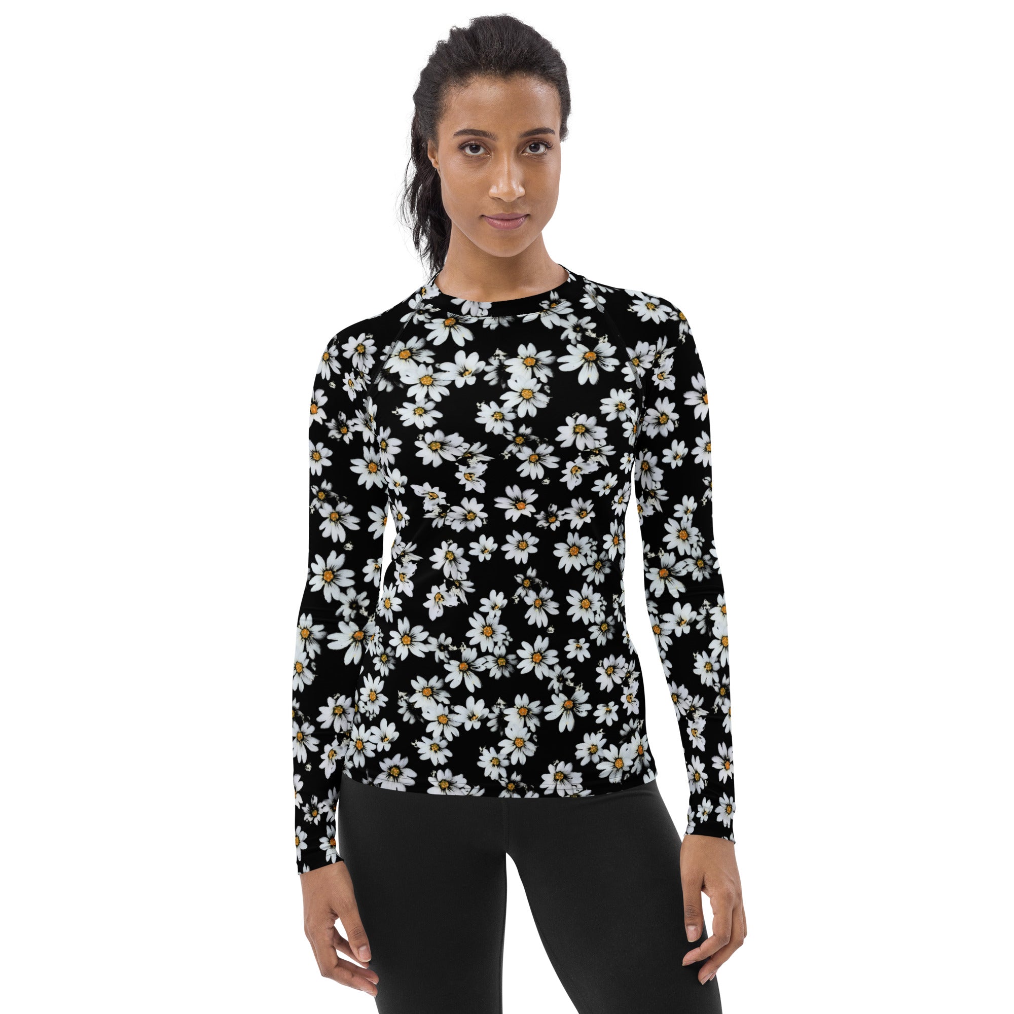 Women's Black Daisy Long Sleeve Rash Guard Swim Shirt – Buttery Soft, Sun Safe UPF 50+ Protection, Quick Dry & 4-Way Stretch Comfort
