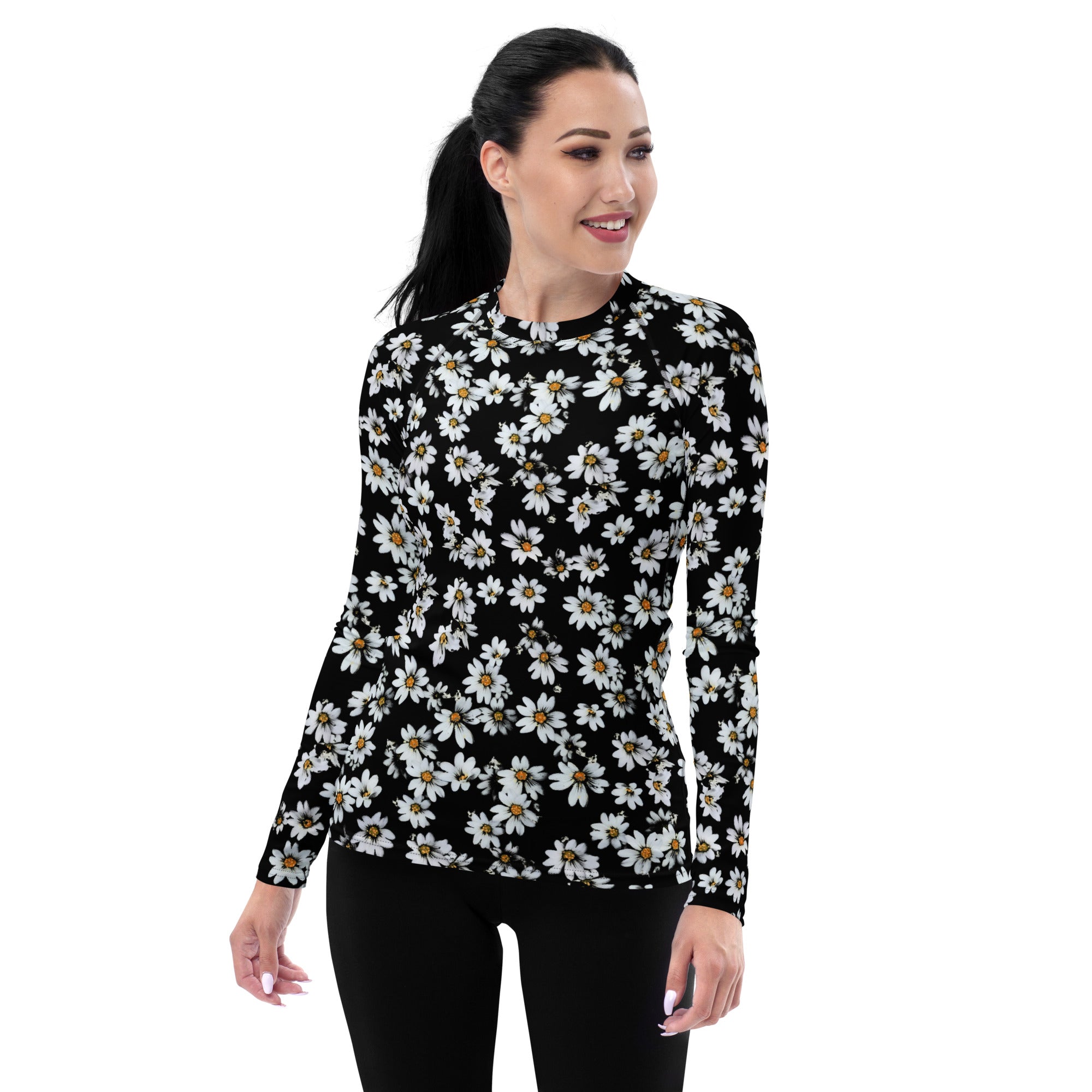Women's Black Daisy Long Sleeve Rash Guard Swim Shirt – Buttery Soft, Sun Safe UPF 50+ Protection, Quick Dry & 4-Way Stretch Comfort