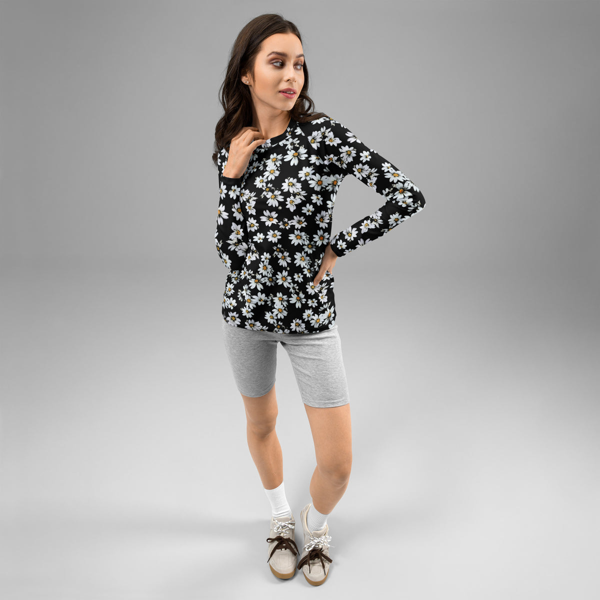 Women's Black Daisy Long Sleeve Rash Guard Swim Shirt – Buttery Soft, Sun Safe UPF 50+ Protection, Quick Dry & 4-Way Stretch Comfort