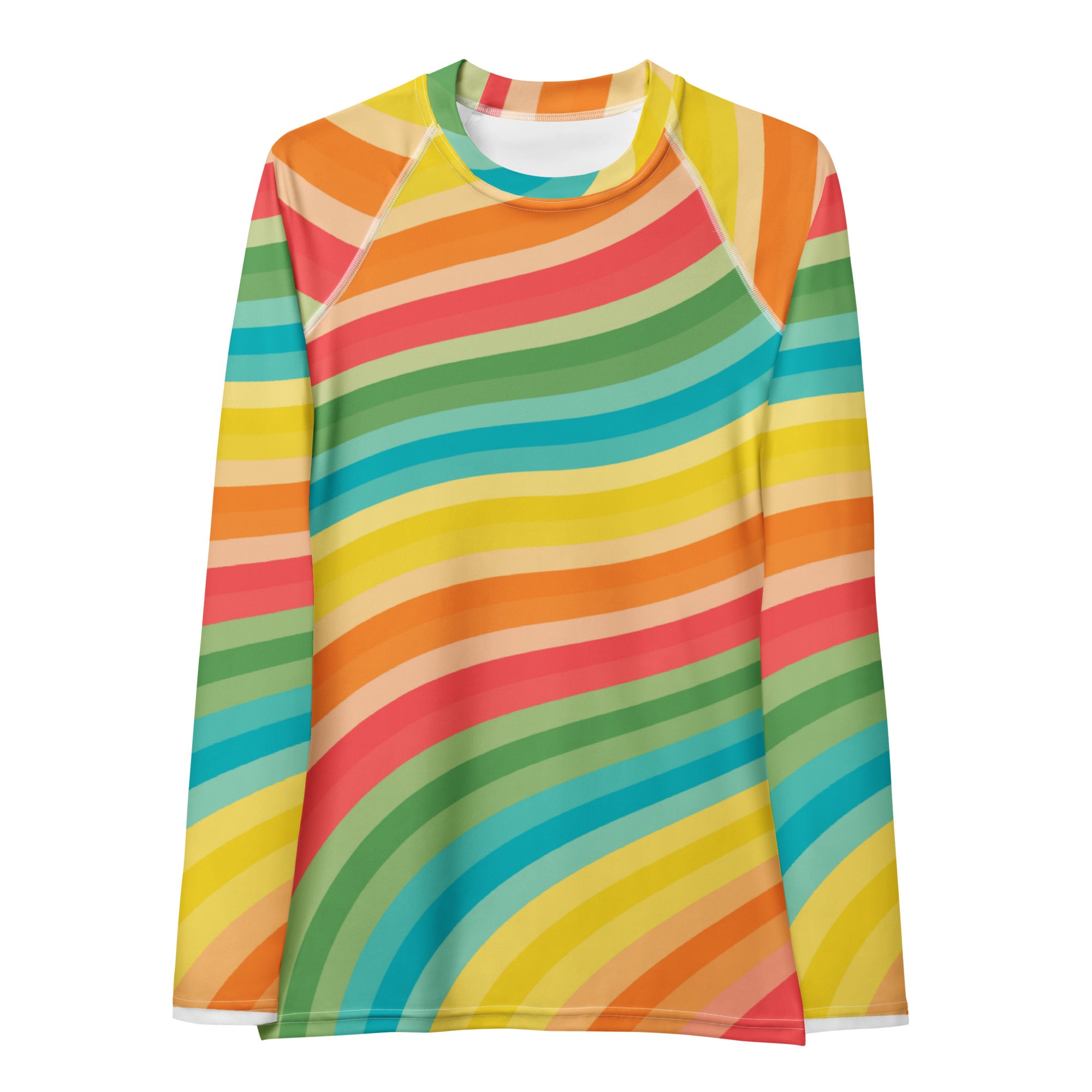 Women's Retro Rainbow Wave Long Sleeve Rash Guard Swim Shirt – Buttery Soft, Sun Safe UPF 50+ Protection, Quick Dry & 4-Way Stretch Comfort
