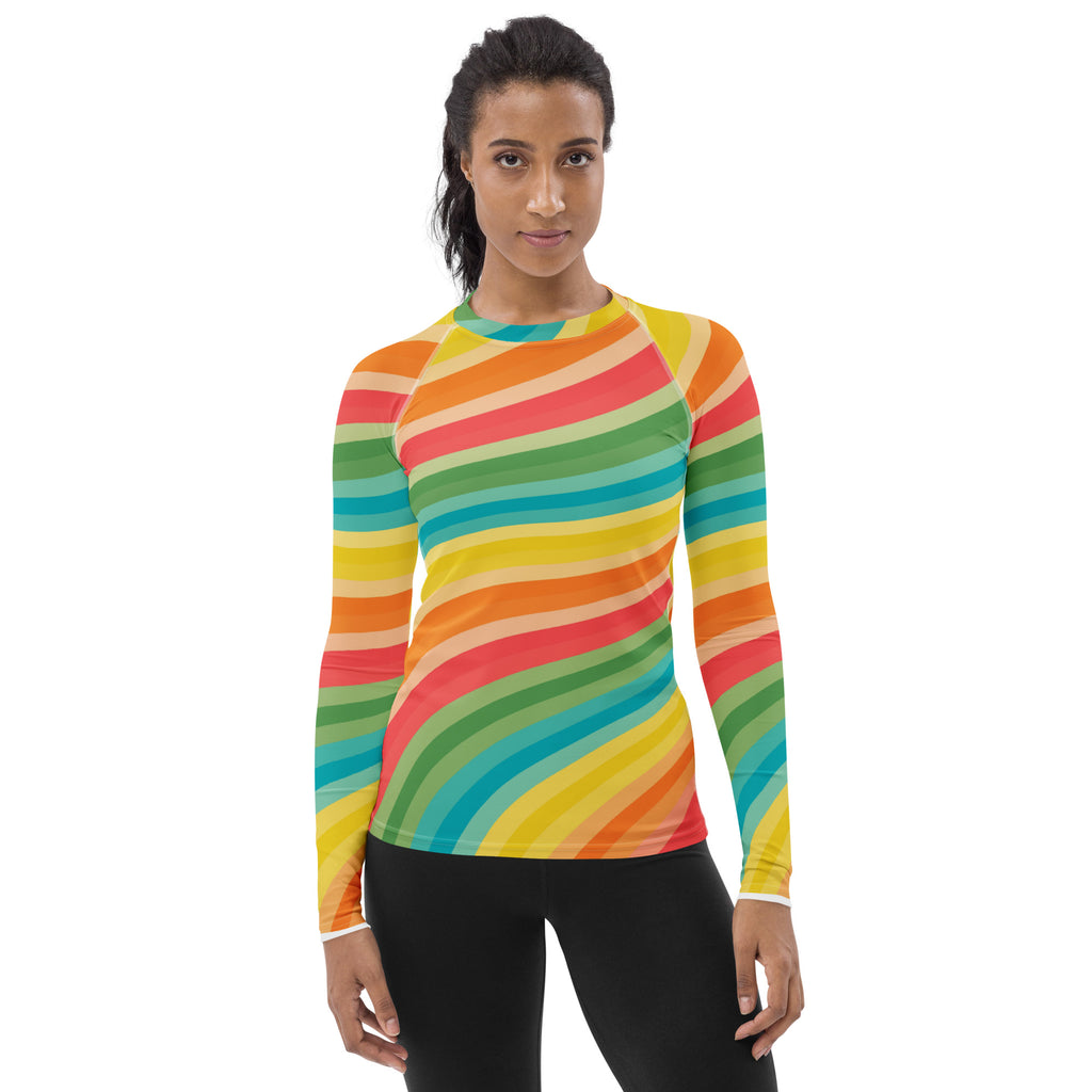 Women's Retro Rainbow Wave Long Sleeve Rash Guard Swim Shirt – Buttery Soft, Sun Safe UPF 50+ Protection, Quick Dry & 4-Way Stretch Comfort