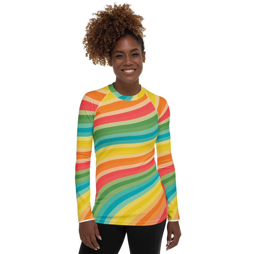 Women's Retro Rainbow Wave Long Sleeve Rash Guard Swim Shirt – Buttery Soft, Sun Safe UPF 50+ Protection, Quick Dry & 4-Way Stretch Comfort