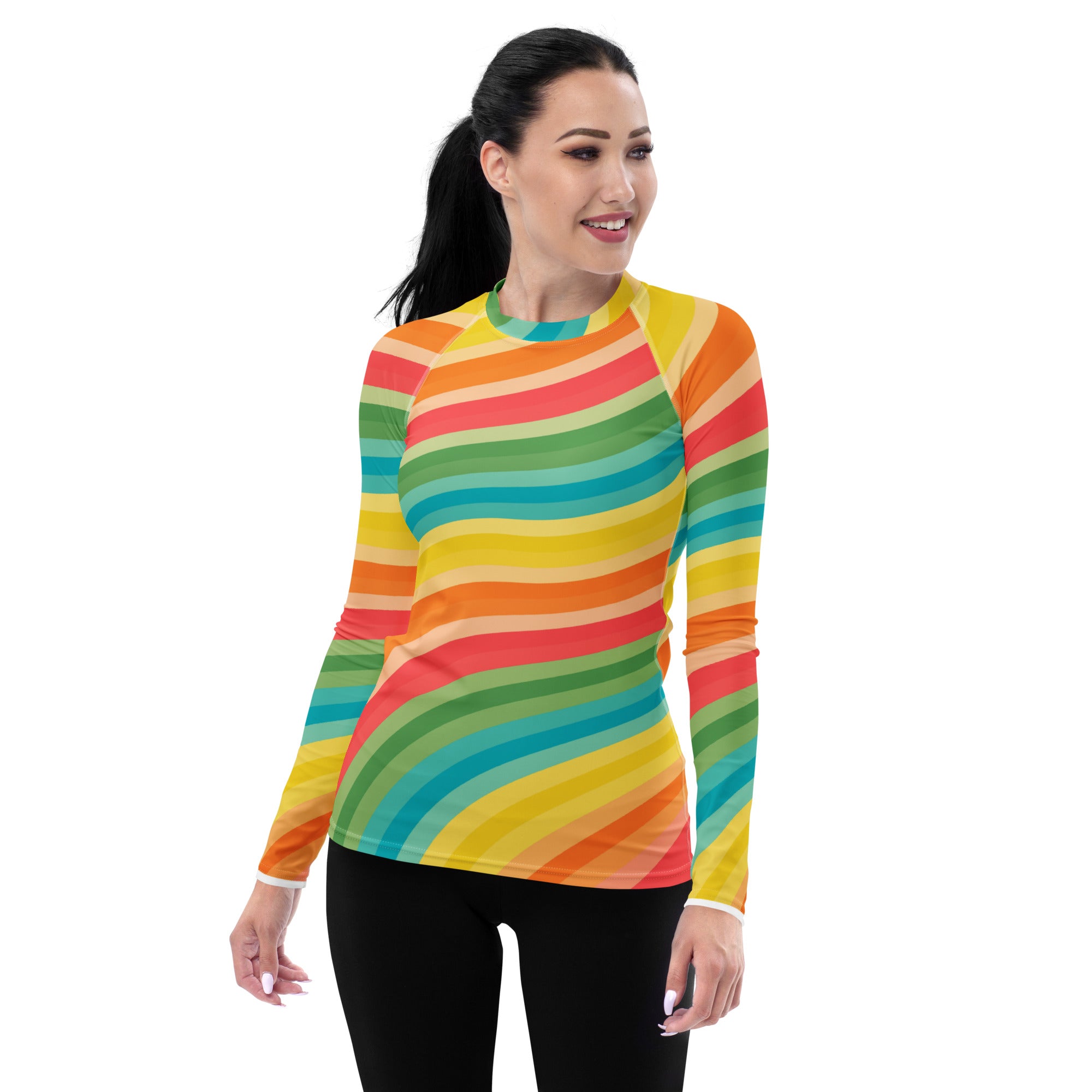Women's Retro Rainbow Wave Long Sleeve Rash Guard Swim Shirt – Buttery Soft, Sun Safe UPF 50+ Protection, Quick Dry & 4-Way Stretch Comfort