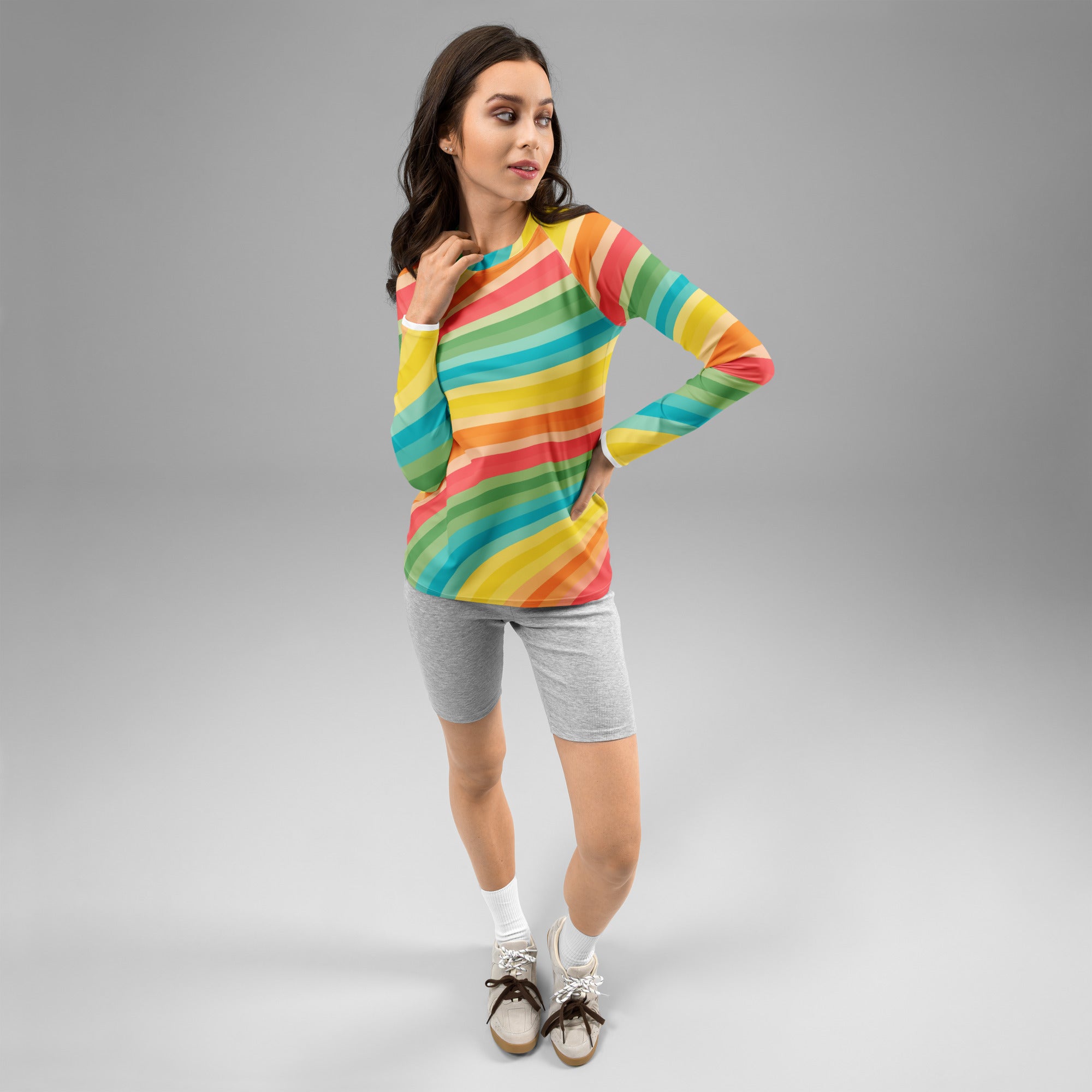 Women's Retro Rainbow Wave Long Sleeve Rash Guard Swim Shirt – Buttery Soft, Sun Safe UPF 50+ Protection, Quick Dry & 4-Way Stretch Comfort