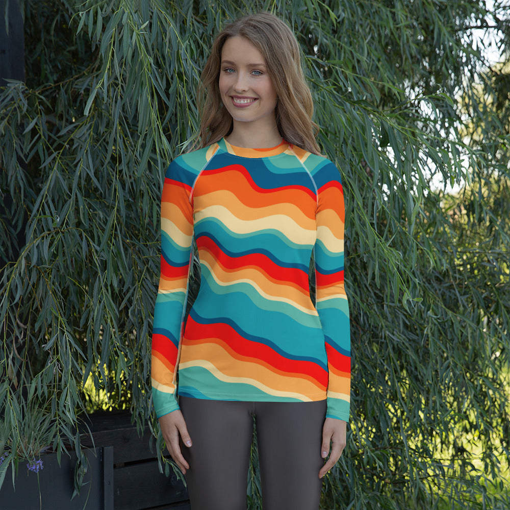 Women's Retro Wavy Stripe Long Sleeve Rash Guard Swim Shirt – Buttery Soft, Sun Safe UPF 50+ Protection, Quick Dry & 4-Way Stretch Comfort