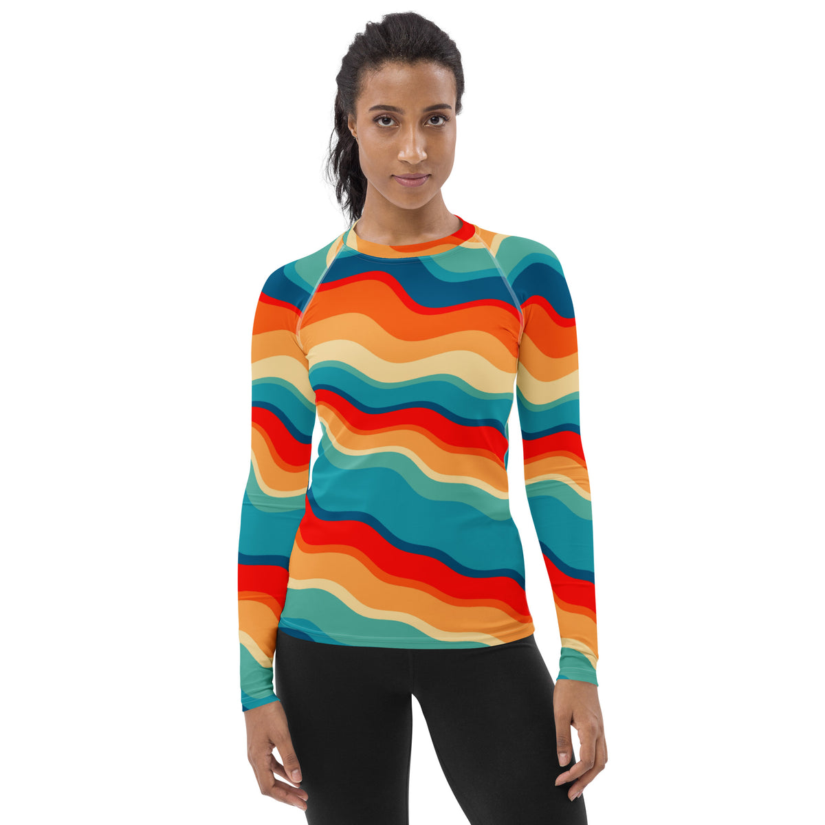 Women's Retro Wavy Stripe Long Sleeve Rash Guard Swim Shirt – Buttery Soft, Sun Safe UPF 50+ Protection, Quick Dry & 4-Way Stretch Comfort