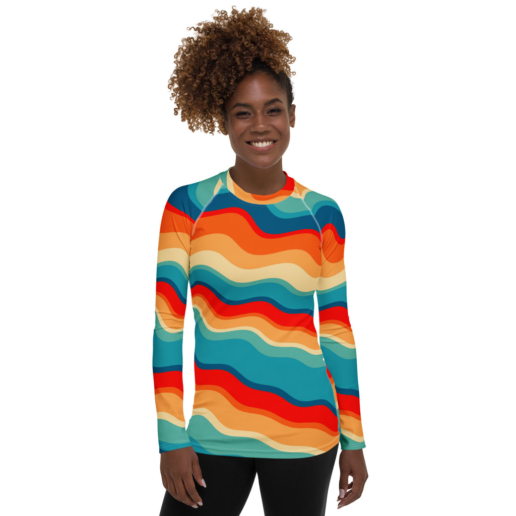 Women's Retro Wavy Stripe Long Sleeve Rash Guard Swim Shirt – Buttery Soft, Sun Safe UPF 50+ Protection, Quick Dry & 4-Way Stretch Comfort