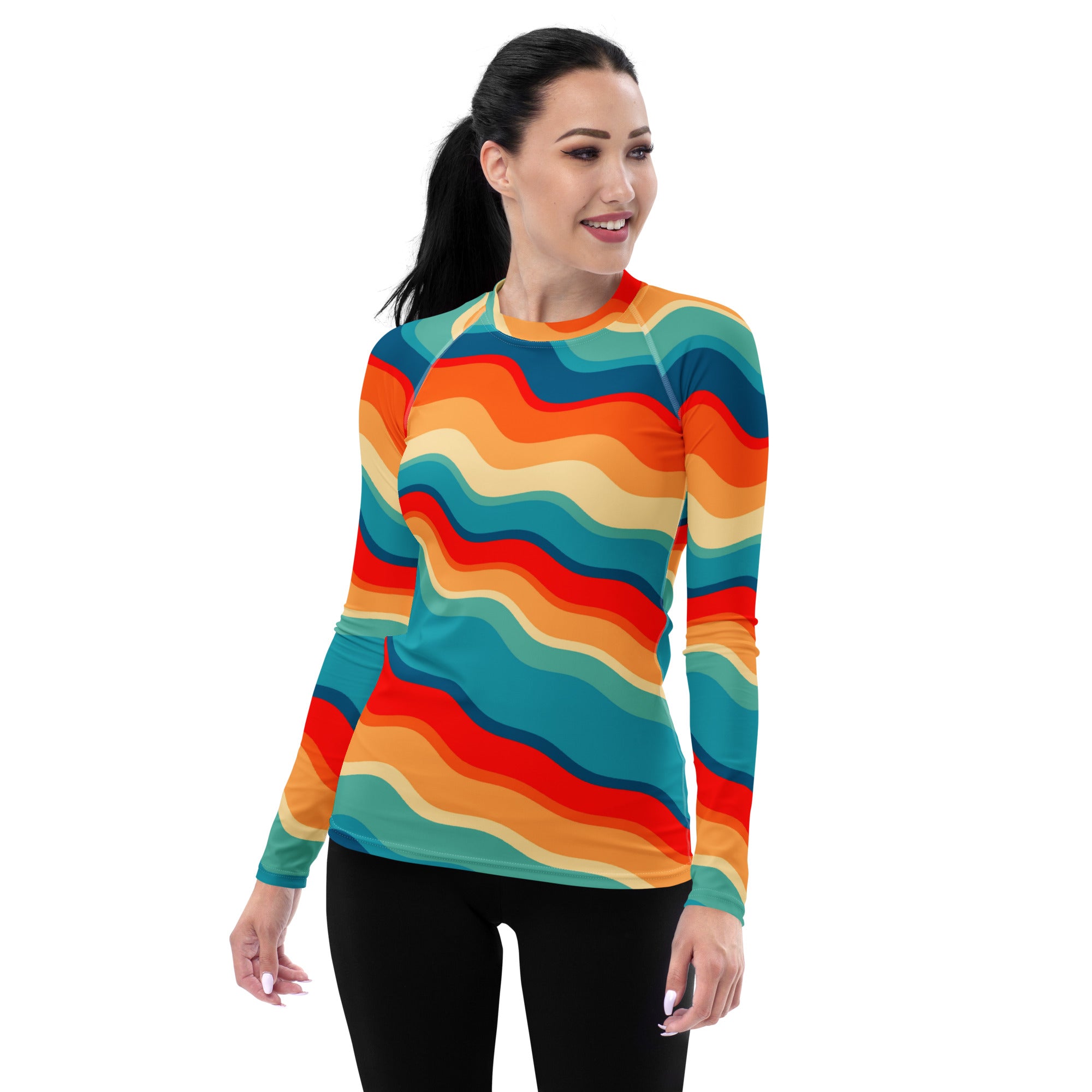 Women's Retro Wavy Stripe Long Sleeve Rash Guard Swim Shirt – Buttery Soft, Sun Safe UPF 50+ Protection, Quick Dry & 4-Way Stretch Comfort