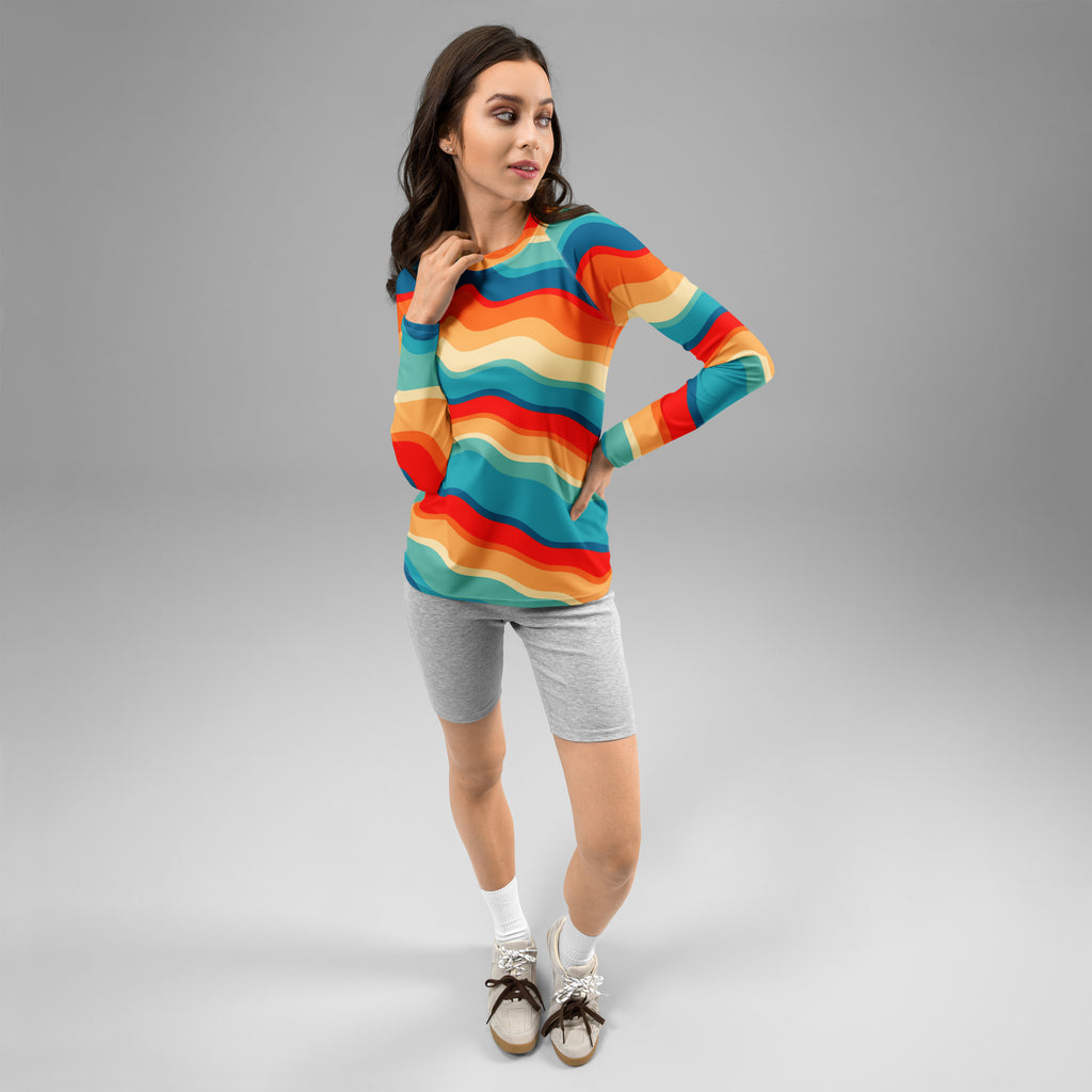 Women's Retro Wavy Stripe Long Sleeve Rash Guard Swim Shirt – Buttery Soft, Sun Safe UPF 50+ Protection, Quick Dry & 4-Way Stretch Comfort
