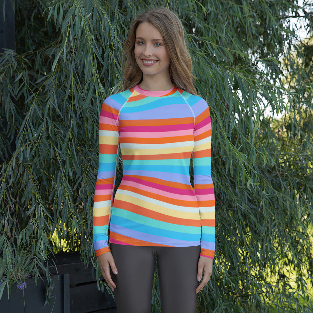 Women's Colorful Wavy Sand Stripe Long Sleeve Rash Guard Swim Shirt – Buttery Soft, Sun Safe UPF 50+ Protection, Quick Dry & 4-Way Stretch Comfort