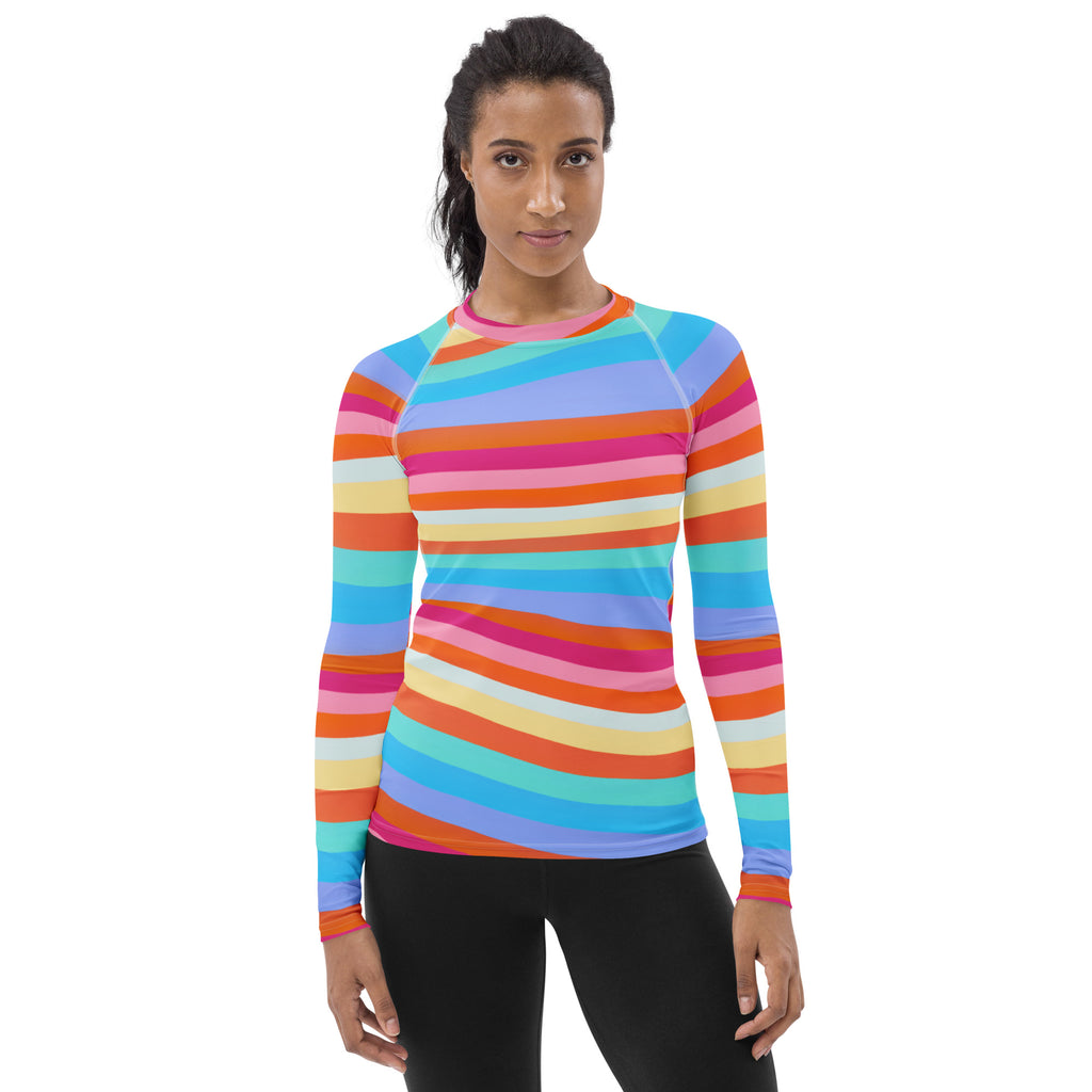 Women's Colorful Wavy Sand Stripe Long Sleeve Rash Guard Swim Shirt – Buttery Soft, Sun Safe UPF 50+ Protection, Quick Dry & 4-Way Stretch Comfort