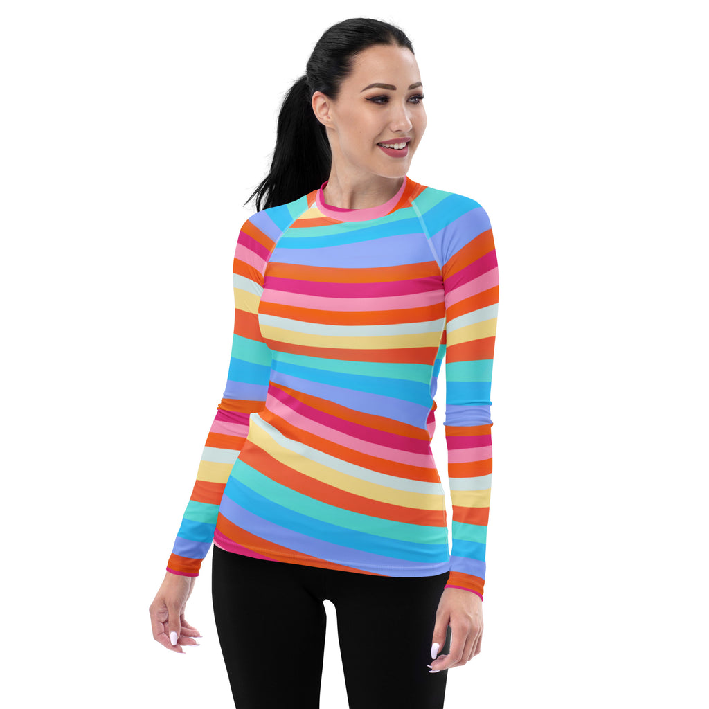 Women's Colorful Wavy Sand Stripe Long Sleeve Rash Guard Swim Shirt – Buttery Soft, Sun Safe UPF 50+ Protection, Quick Dry & 4-Way Stretch Comfort