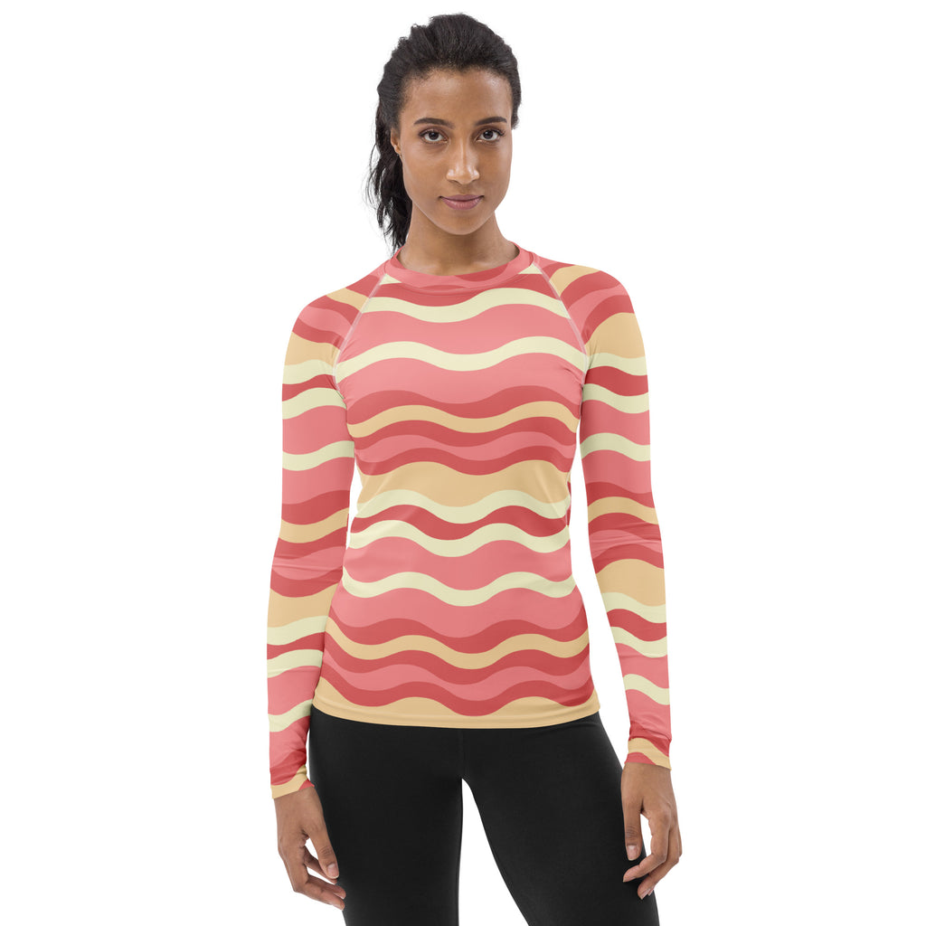 Women's Pink Wavy Stripe Long Sleeve Rash Guard Swim Shirt – Buttery Soft, Sun Safe UPF 50+ Protection, Quick Dry & 4-Way Stretch Comfort