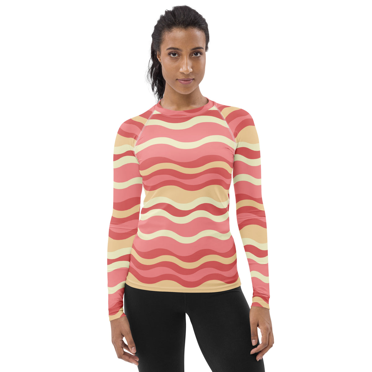 Women's Pink Wavy Stripe Long Sleeve Rash Guard Swim Shirt – Buttery Soft, Sun Safe UPF 50+ Protection, Quick Dry & 4-Way Stretch Comfort