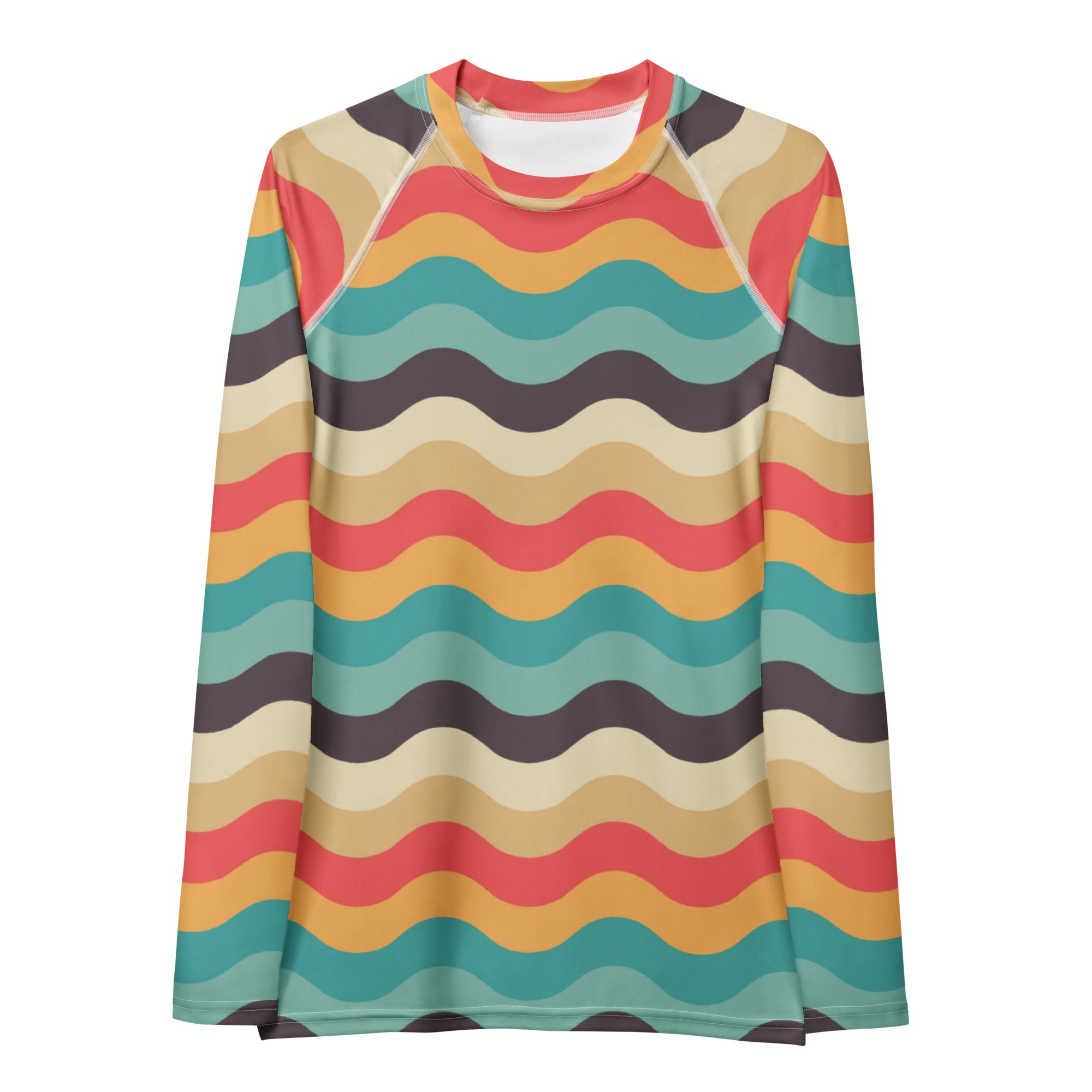 Women's Teal Coral Orange Wavy Stripe Long Sleeve Rash Guard Swim Shirt – Buttery Soft, Sun Safe UPF 50+ Protection, Quick Dry & 4-Way Stretch Comfort